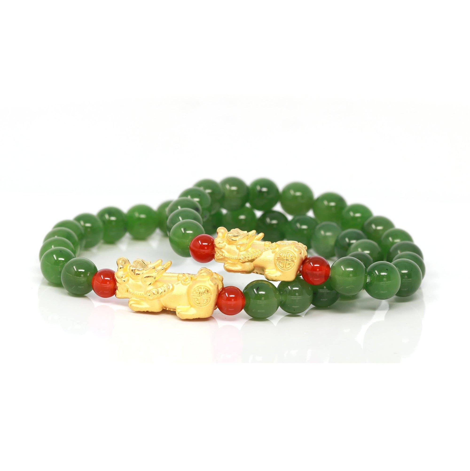 Baikalla Jewelry jade beads bracelet 24K Pure Yellow Gold PiXiu With Genuine Green Jade Round Beads Bracelet Bangle ( 8 mm )