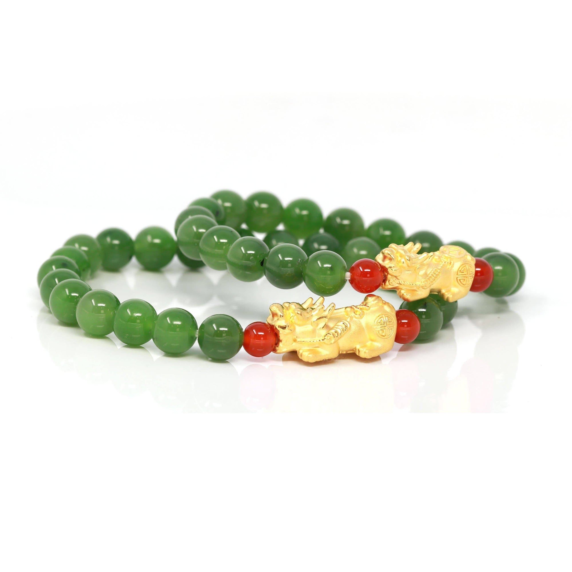 Baikalla Jewelry jade beads bracelet 24K Pure Yellow Gold PiXiu With Genuine Green Jade Round Beads Bracelet Bangle ( 8 mm )