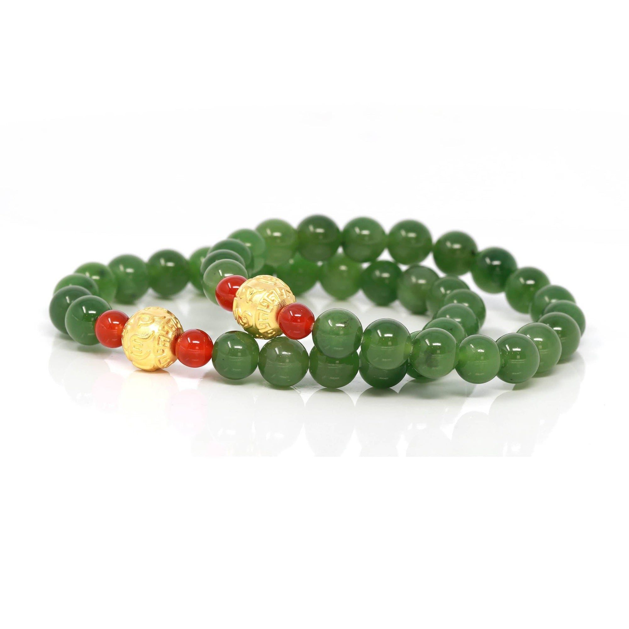 Baikalla Jewelry jade beads bracelet 24K Pure Yellow Gold Buddha Symbol With Genuine Green Jade Round Beads Bracelet Bangle ( 8 mm )