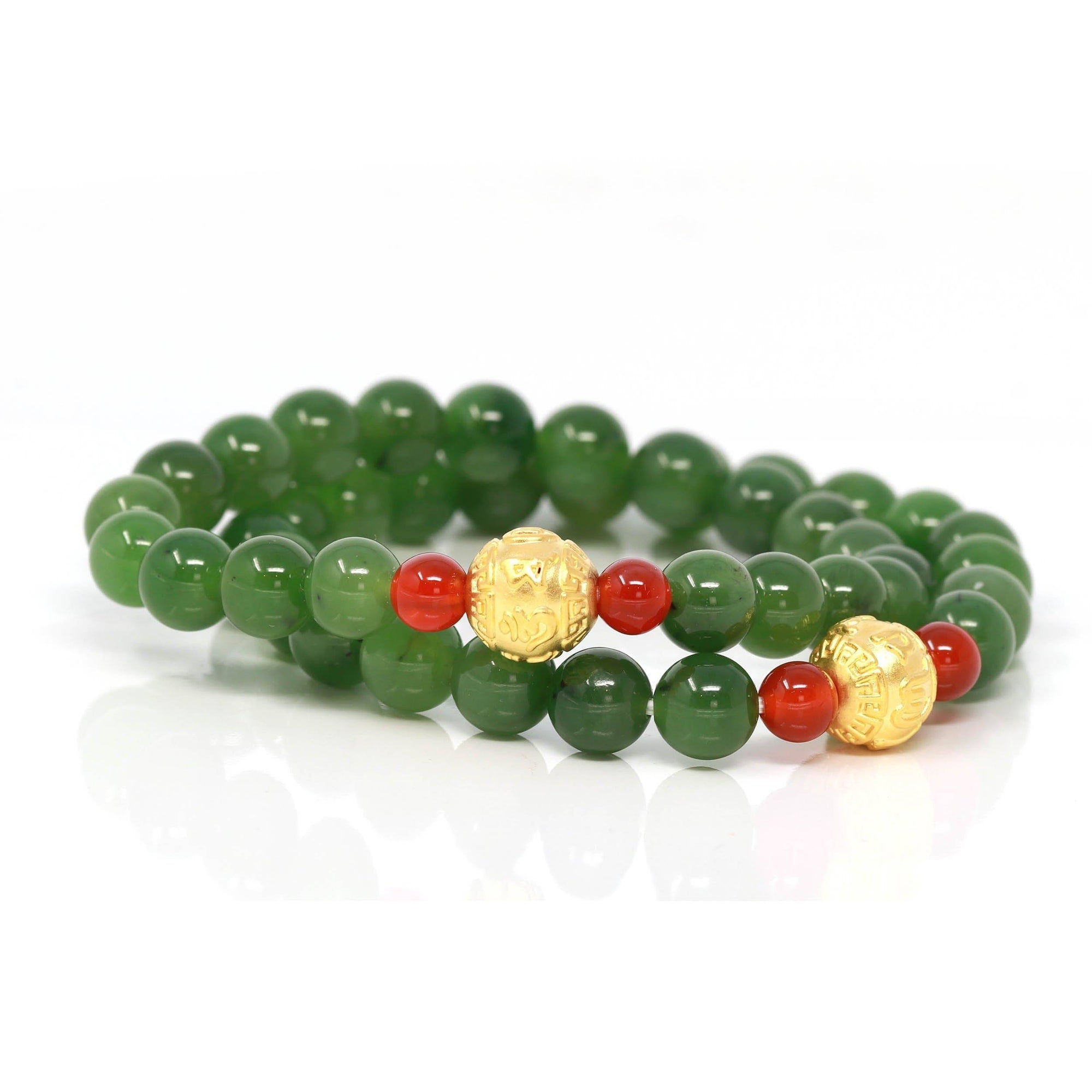 Baikalla Jewelry jade beads bracelet 24K Pure Yellow Gold Buddha Symbol With Genuine Green Jade Round Beads Bracelet Bangle ( 8 mm )