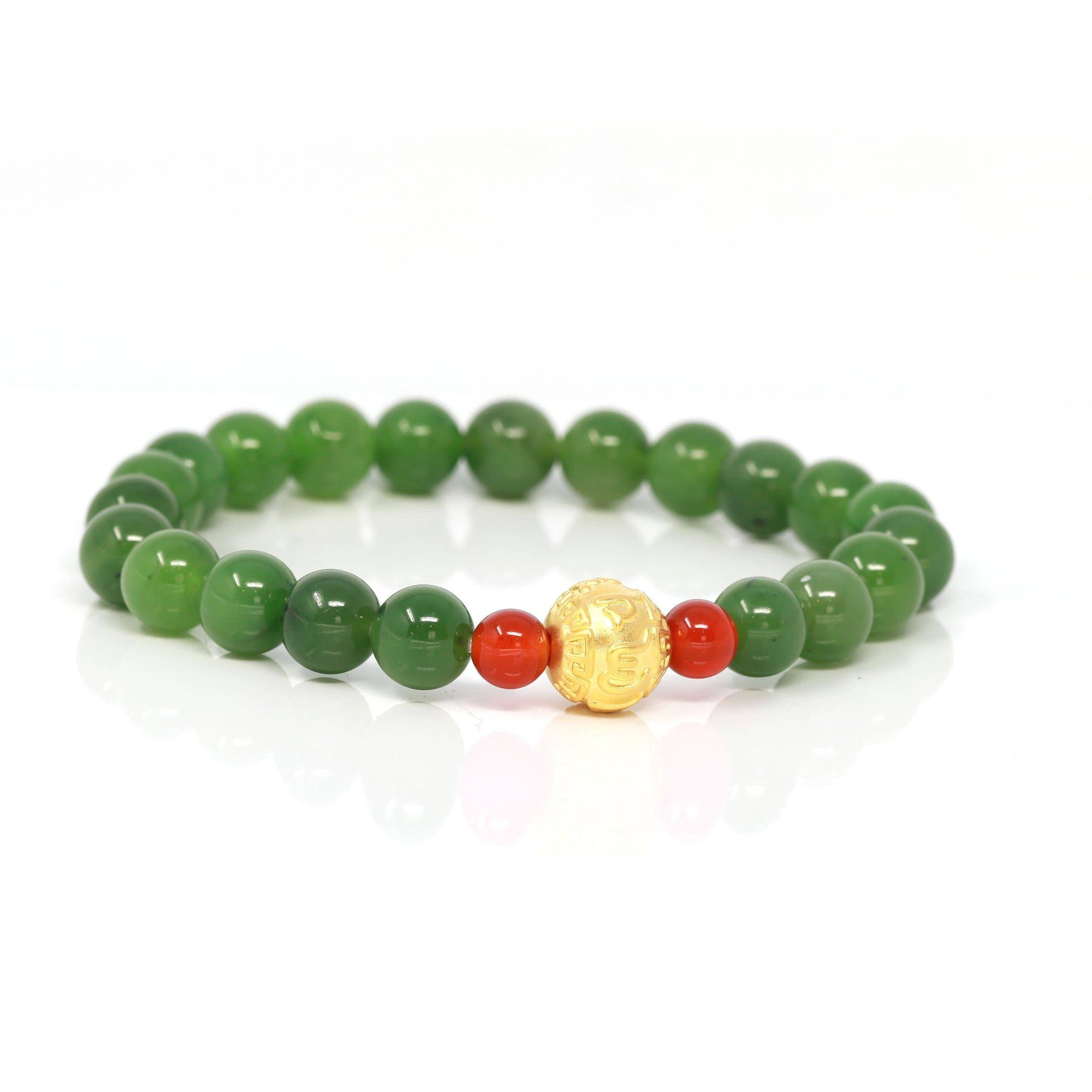 Baikalla Jewelry jade beads bracelet 24K Pure Yellow Gold Buddha Symbol With Genuine Green Jade Round Beads Bracelet Bangle ( 8 mm )