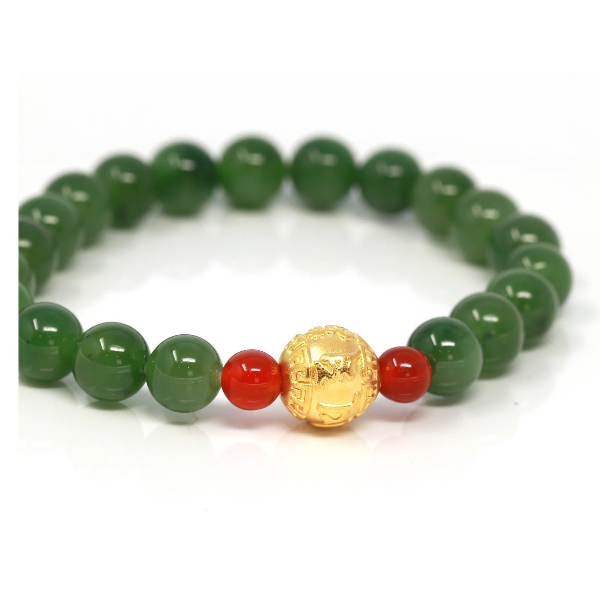 Baikalla Jewelry jade beads bracelet 24K Pure Yellow Gold Buddha Symbol With Genuine Green Jade Round Beads Bracelet Bangle ( 8 mm )