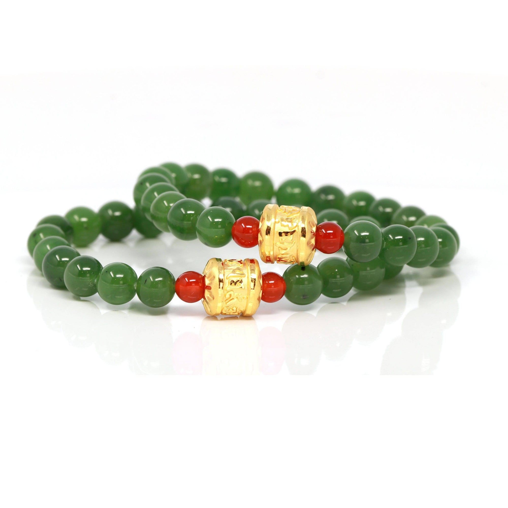 Baikalla Jewelry jade beads bracelet 24K Pure Yellow Gold Buddha Symbol Tongtong With Genuine Green Jade Round Beads Bracelet Bangle ( 8 mm )