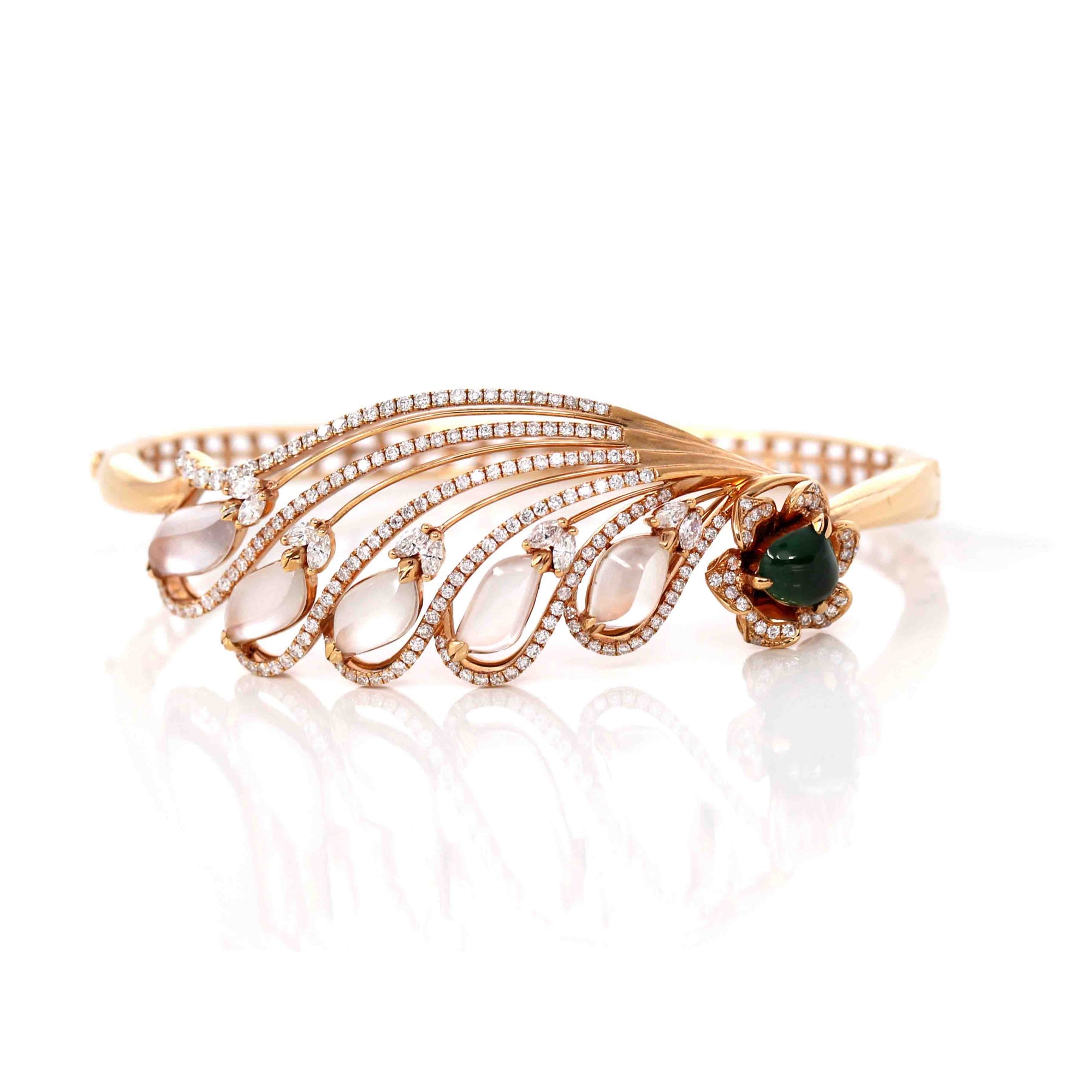 Baikalla Jewelry Gold Jade Bracelet 18k Rose Gold Ice Jadeite Jade Phoenix Bracelet Bangle & Diamonds (High Jewelry)