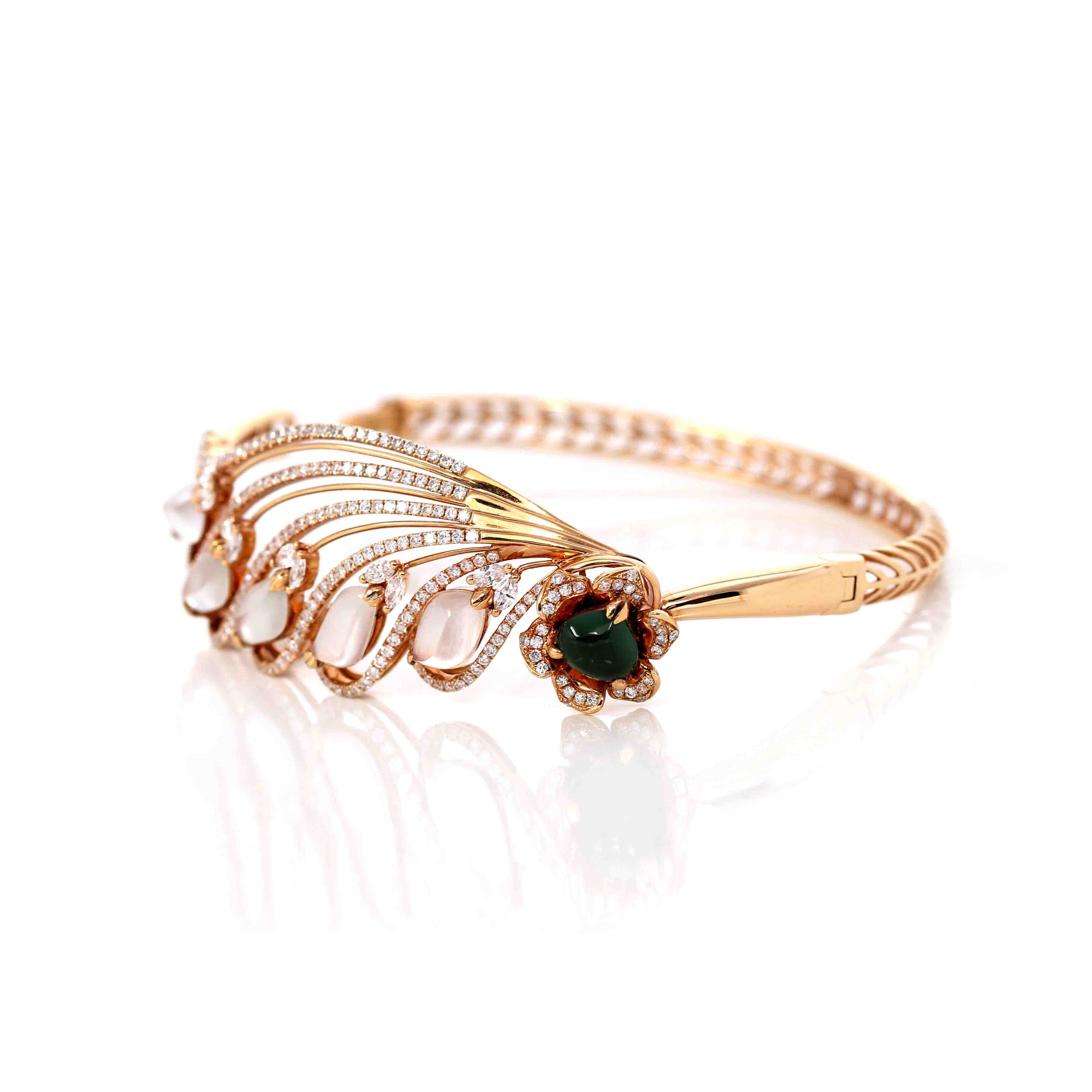 Baikalla Jewelry Gold Jade Bracelet 18k Rose Gold Ice Jadeite Jade Phoenix Bracelet Bangle &amp; Diamonds (High Jewelry)