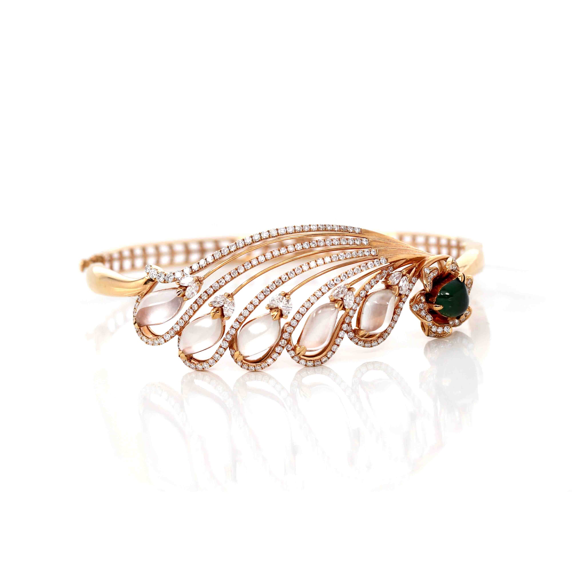 Baikalla Jewelry Gold Jade Bracelet 18k Rose Gold Ice Jadeite Jade Phoenix Bracelet Bangle & Diamonds (High Jewelry)