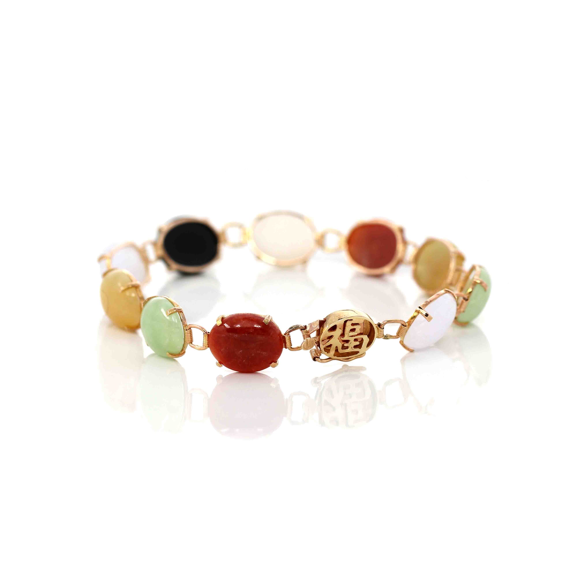 Baikalla Jewelry Gold Jade Bracelet 14k Yellow Gold Multi-Color Jadeite Jade Bracelet ( 7 in )