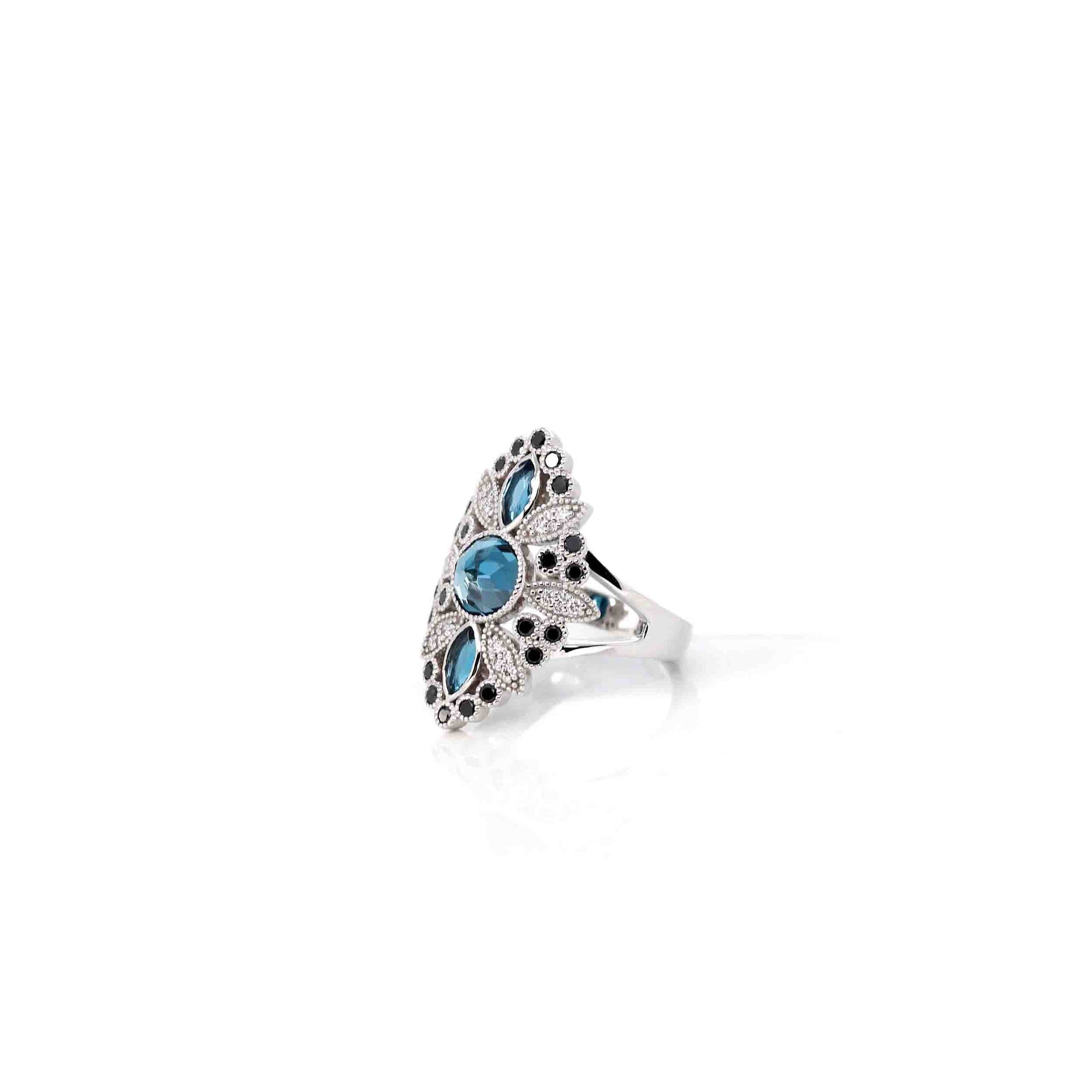 Baikalla Jewelry Gold Topaz Ring 14k White Gold Genuine Swiss Blue Topaz Ring with Diamonds