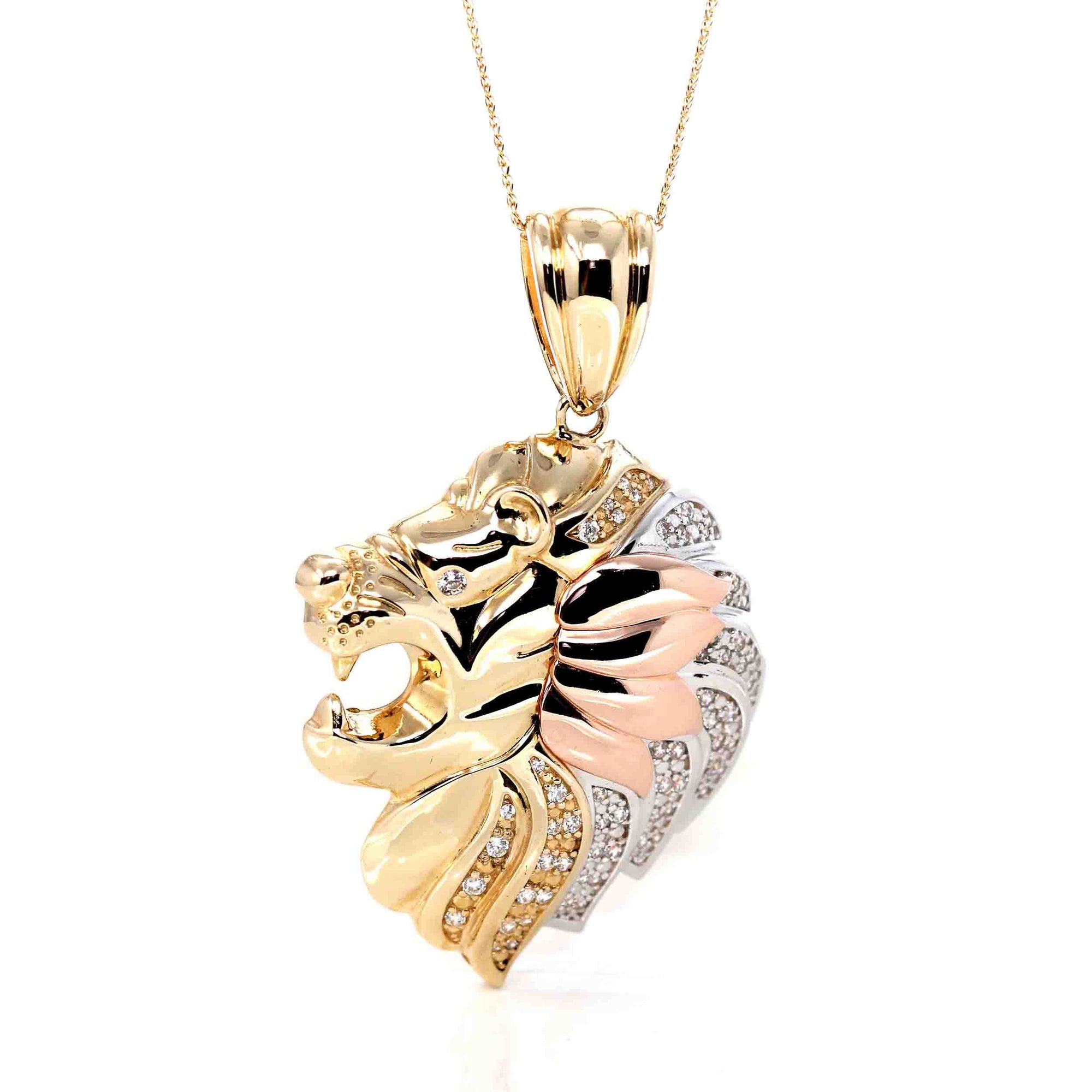 Baikalla Jewelry 14K Pure Yellow Gold Pendant 14K Yellow Gold Lion Head Pendant Necklace With CZ