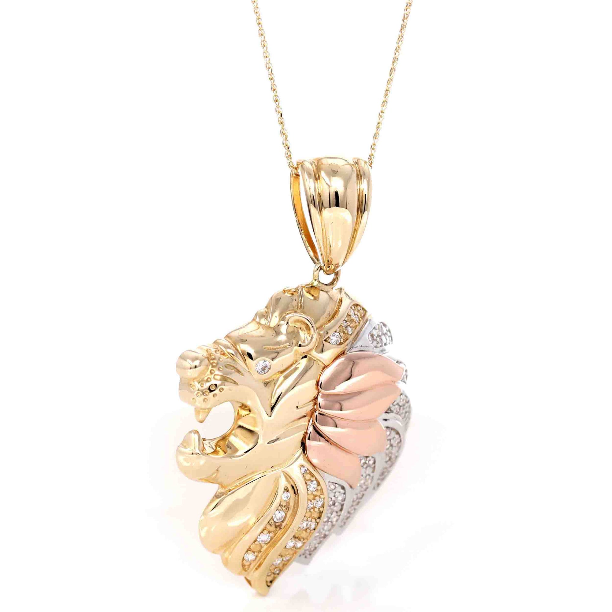 Baikalla Jewelry 14K Pure Yellow Gold Pendant 14K Yellow Gold Lion Head Pendant Necklace With CZ