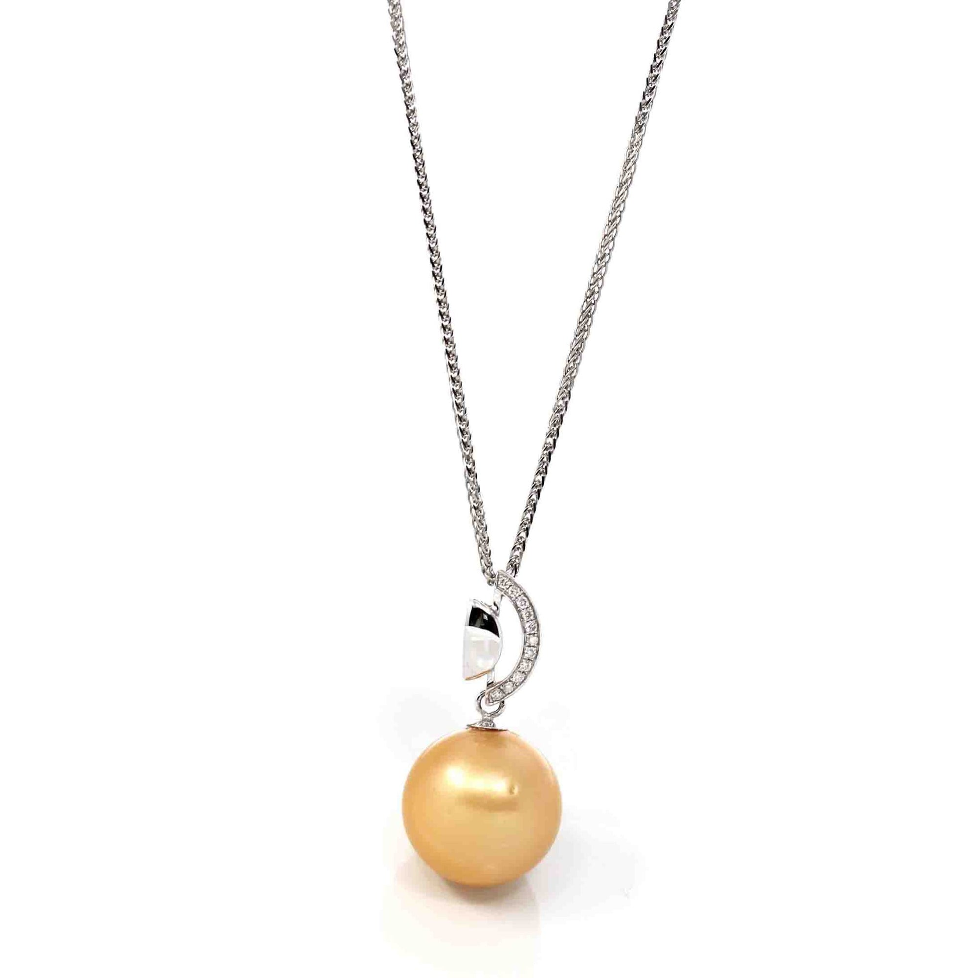 Baikalla Jewelry Gold Pearl Necklace 18k White Gold Round Golden Tahitian Pearl & Diamond Pendant Necklace