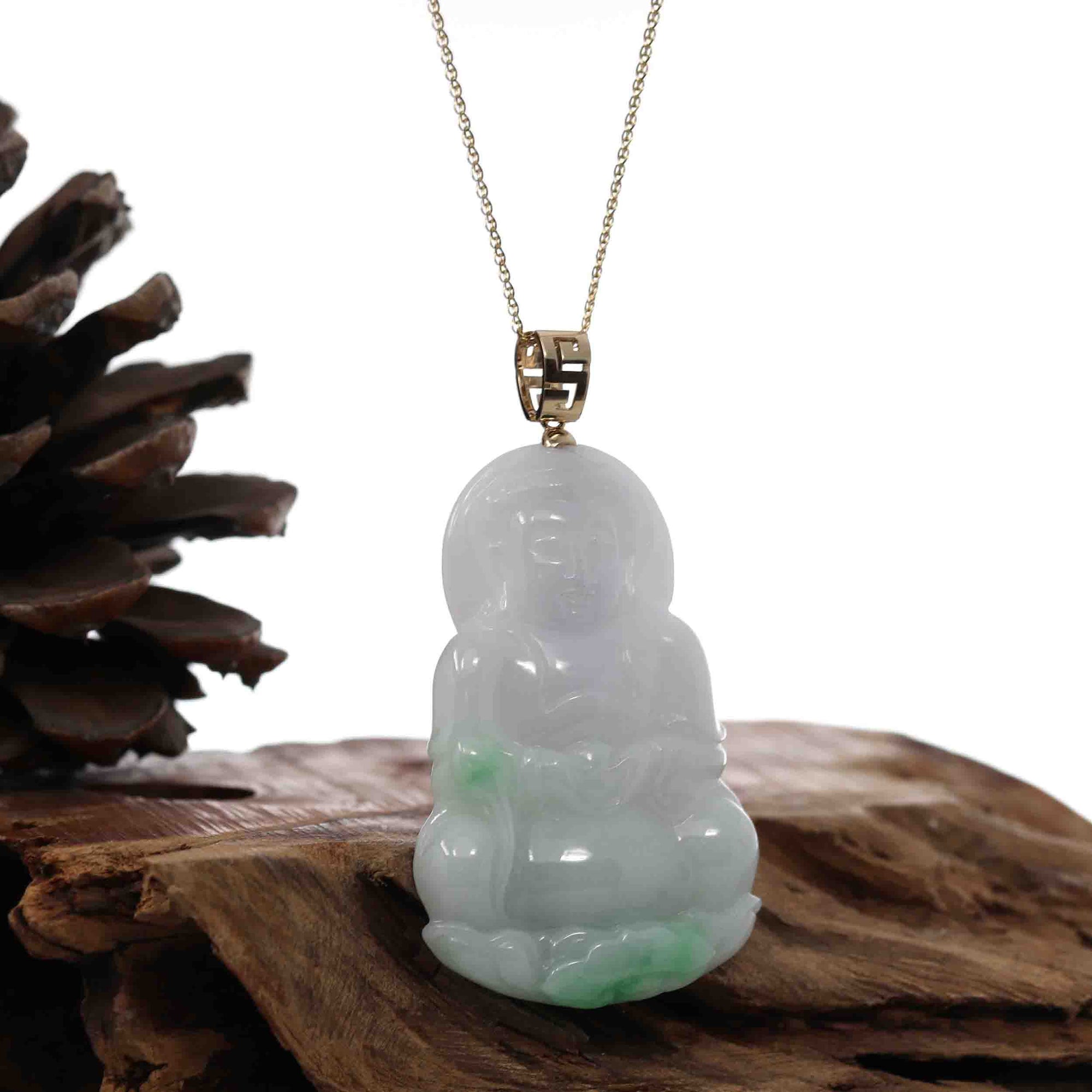 Baikalla Jewelry Jade Guanyin Pendant Necklace "Goddess of Compassion" 14k Yellow Gold Genuine Burmese Jadeite Jade Guanyin Necklace With Good Luck Design