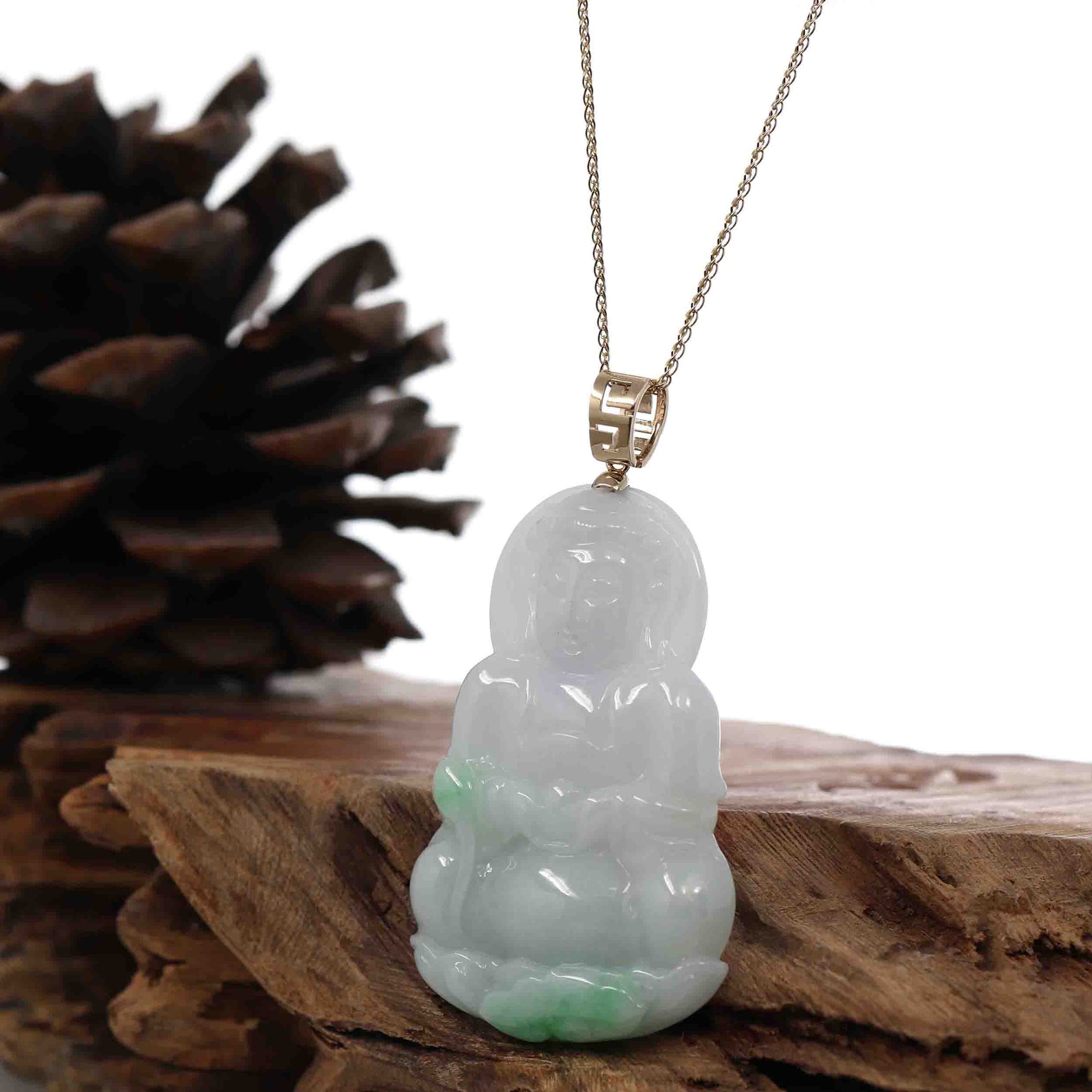 Baikalla Jewelry Jade Guanyin Pendant Necklace "Goddess of Compassion" 14k Yellow Gold Genuine Burmese Jadeite Jade Guanyin Necklace With Good Luck Design