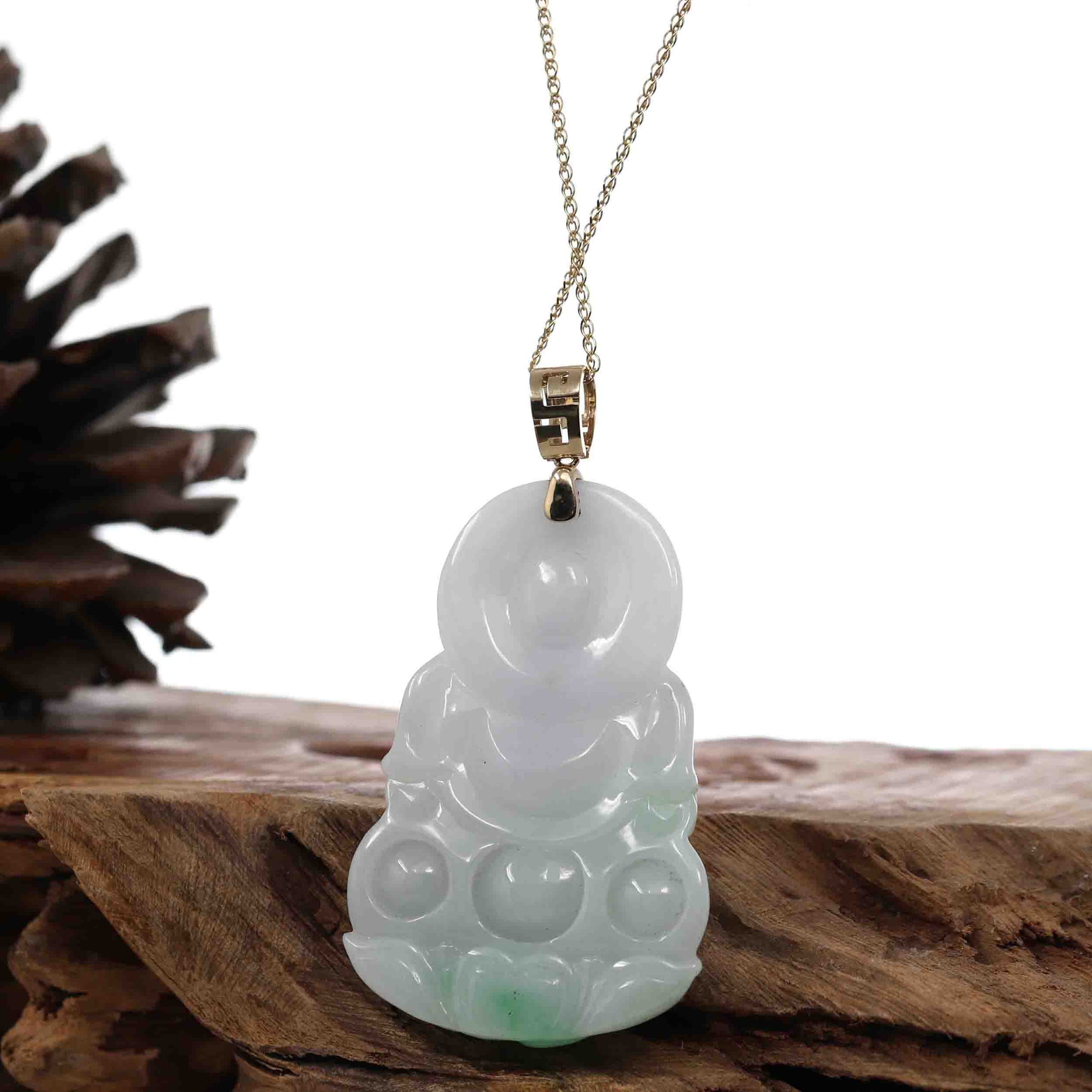 Baikalla Jewelry Jade Guanyin Pendant Necklace "Goddess of Compassion" 14k Yellow Gold Genuine Burmese Jadeite Jade Guanyin Necklace With Good Luck Design