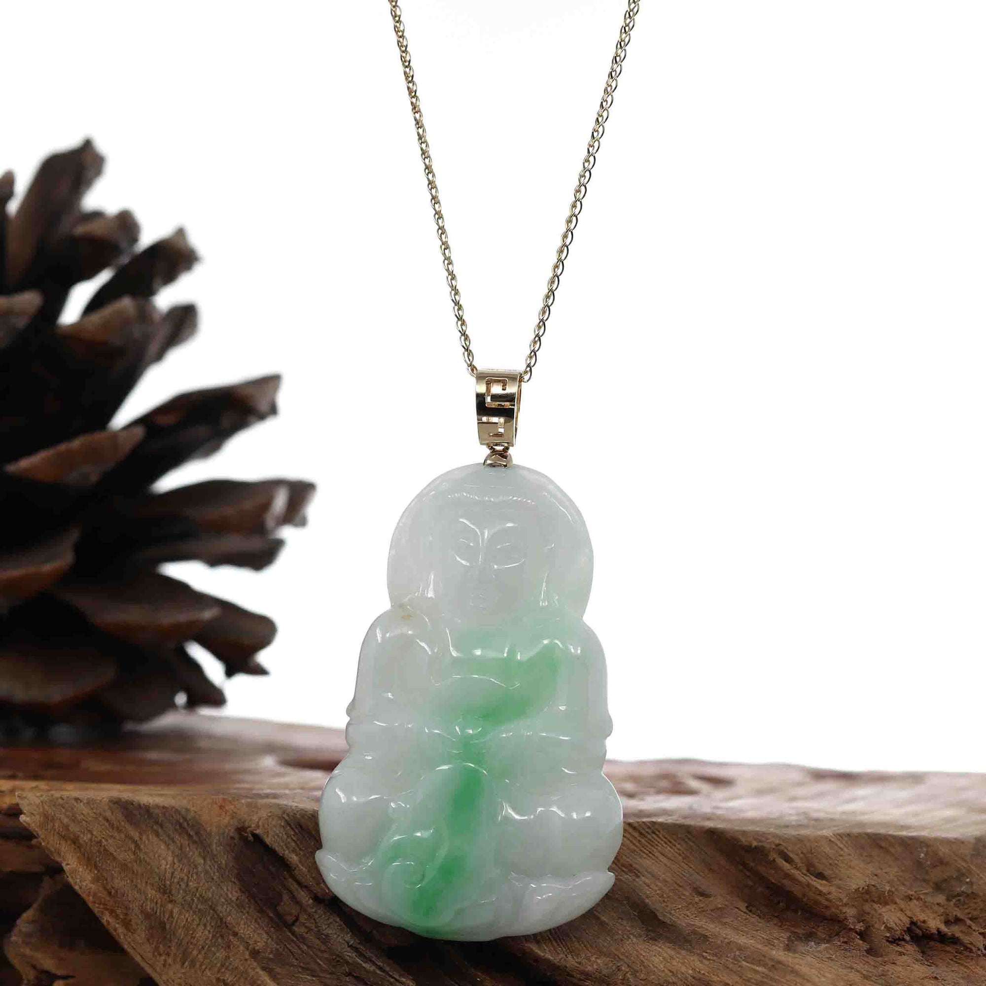 Baikalla Jewelry Jade Guanyin Pendant Necklace "Goddess of Compassion" 14k Yellow Gold Genuine Burmese Jadeite Jade Guanyin Necklace With Good Luck Design