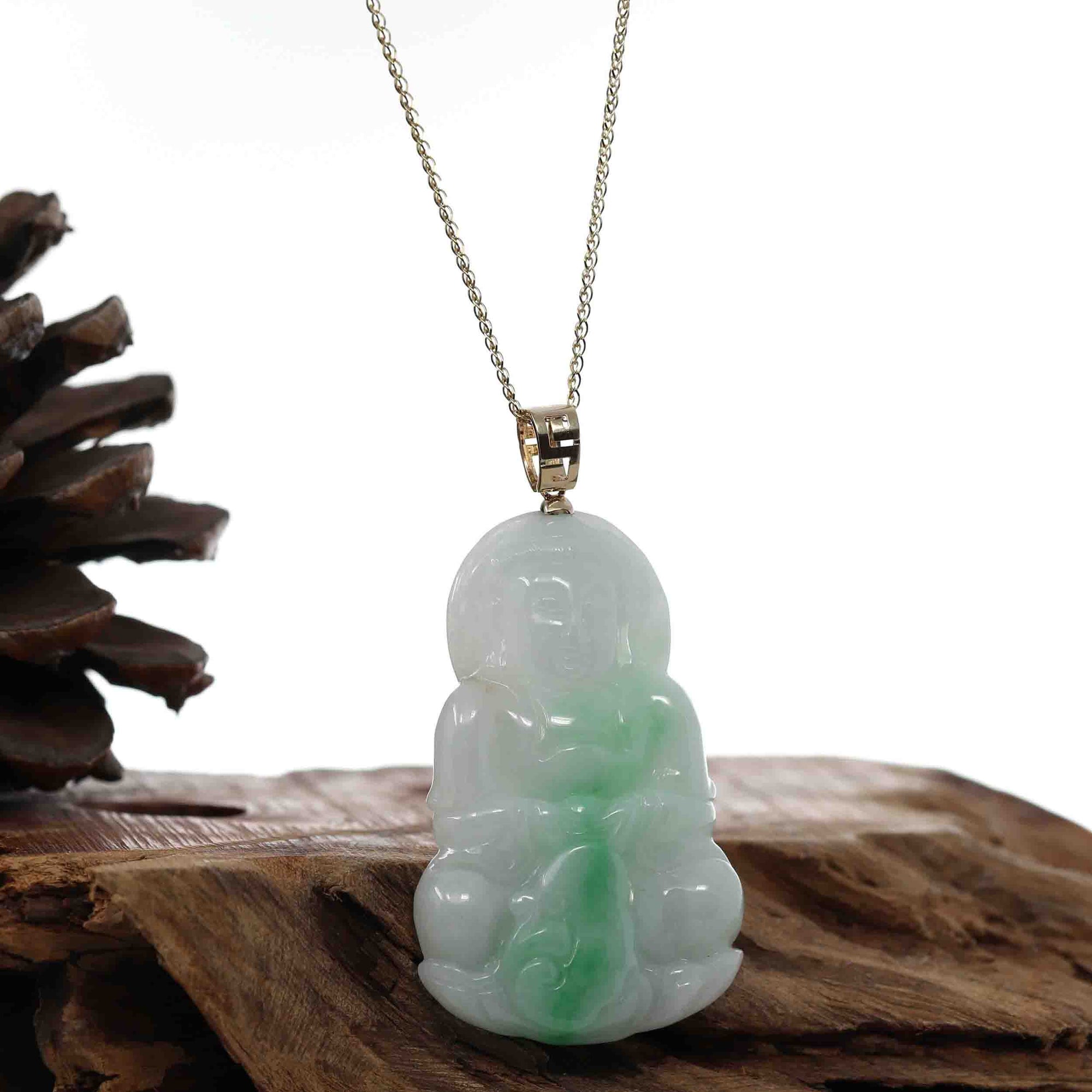 Baikalla Jewelry Jade Guanyin Pendant Necklace "Goddess of Compassion" 14k Yellow Gold Genuine Burmese Jadeite Jade Guanyin Necklace With Good Luck Design