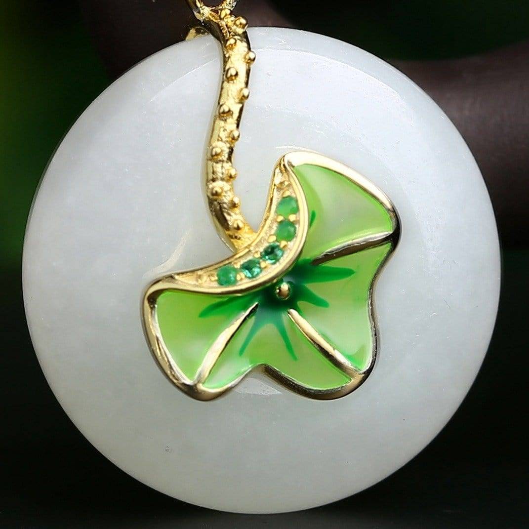 Baikalla Jewelry Jade Pendant Genuine White Nephrite Jade Necklace with Gold Plated Sterling Silver and Pink &amp; Green CZ