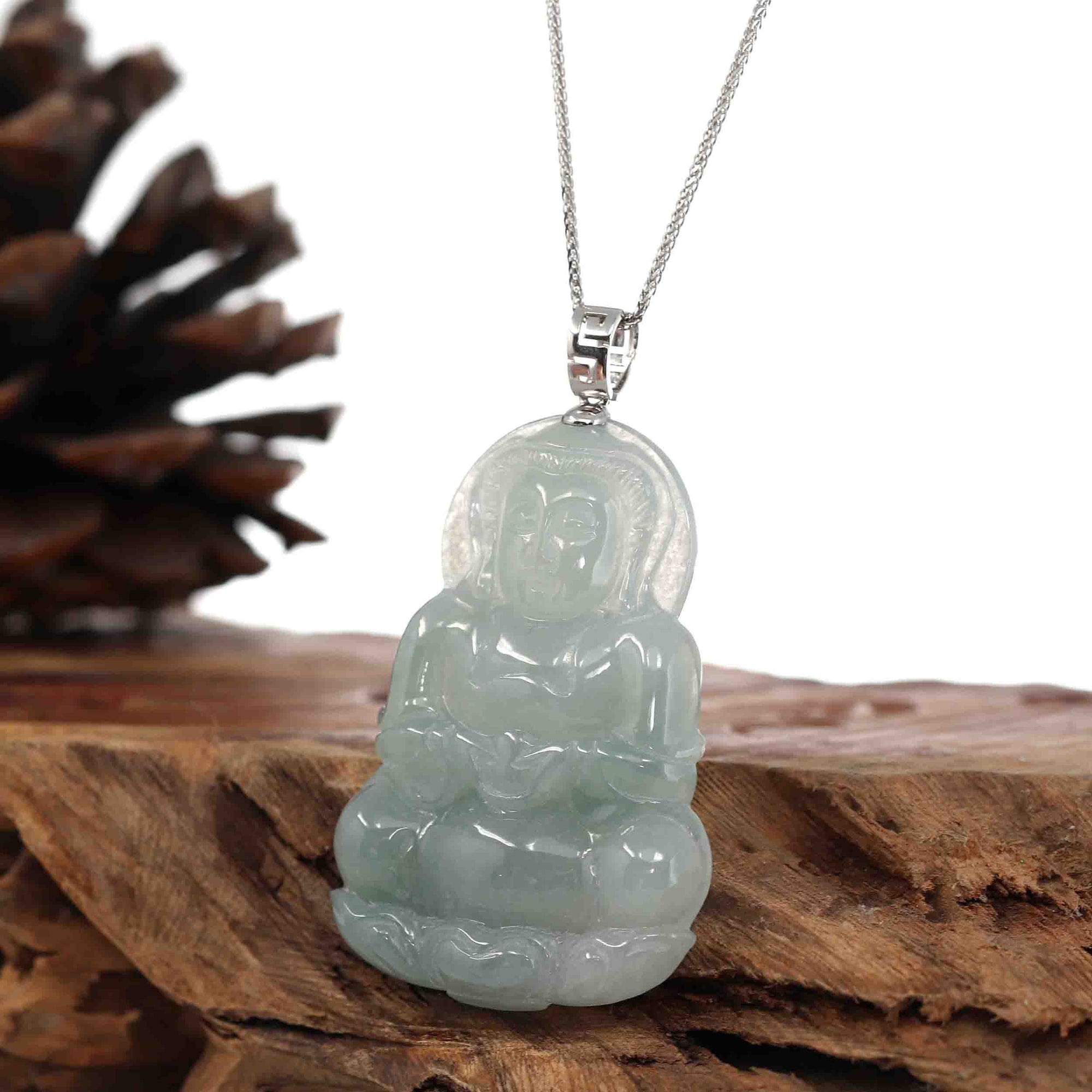 Baikalla Jewelry Jade Guanyin Pendant Necklace Baikalla "Goddess of Compassion" Genuine Burmese Jadeite Jade Guanyin Necklace With Good Luck Design 14K Gold  Bail