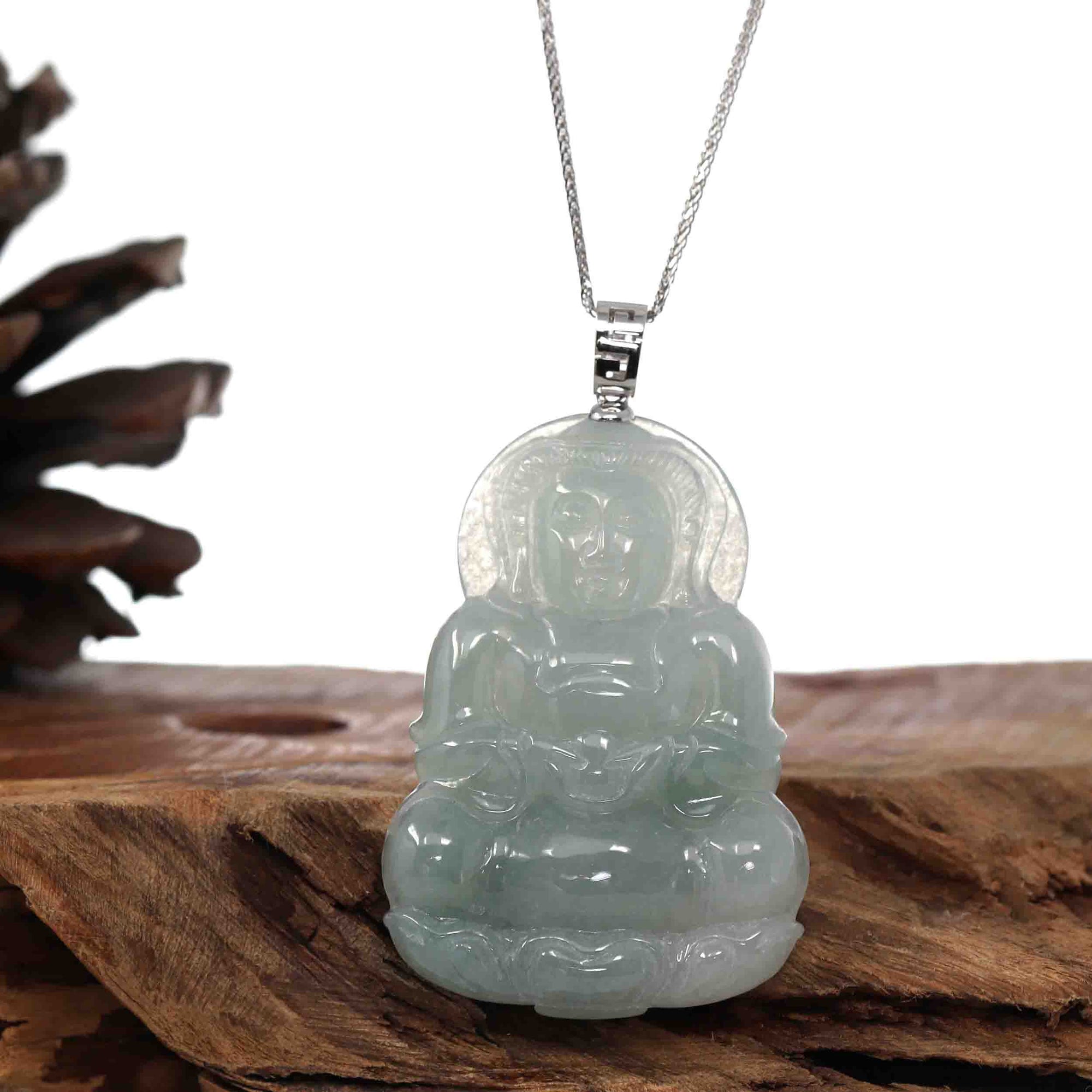 Baikalla Jewelry Jade Guanyin Pendant Necklace Baikalla &quot;Goddess of Compassion&quot; Genuine Burmese Jadeite Jade Guanyin Necklace With Good Luck Design 14K Gold  Bail