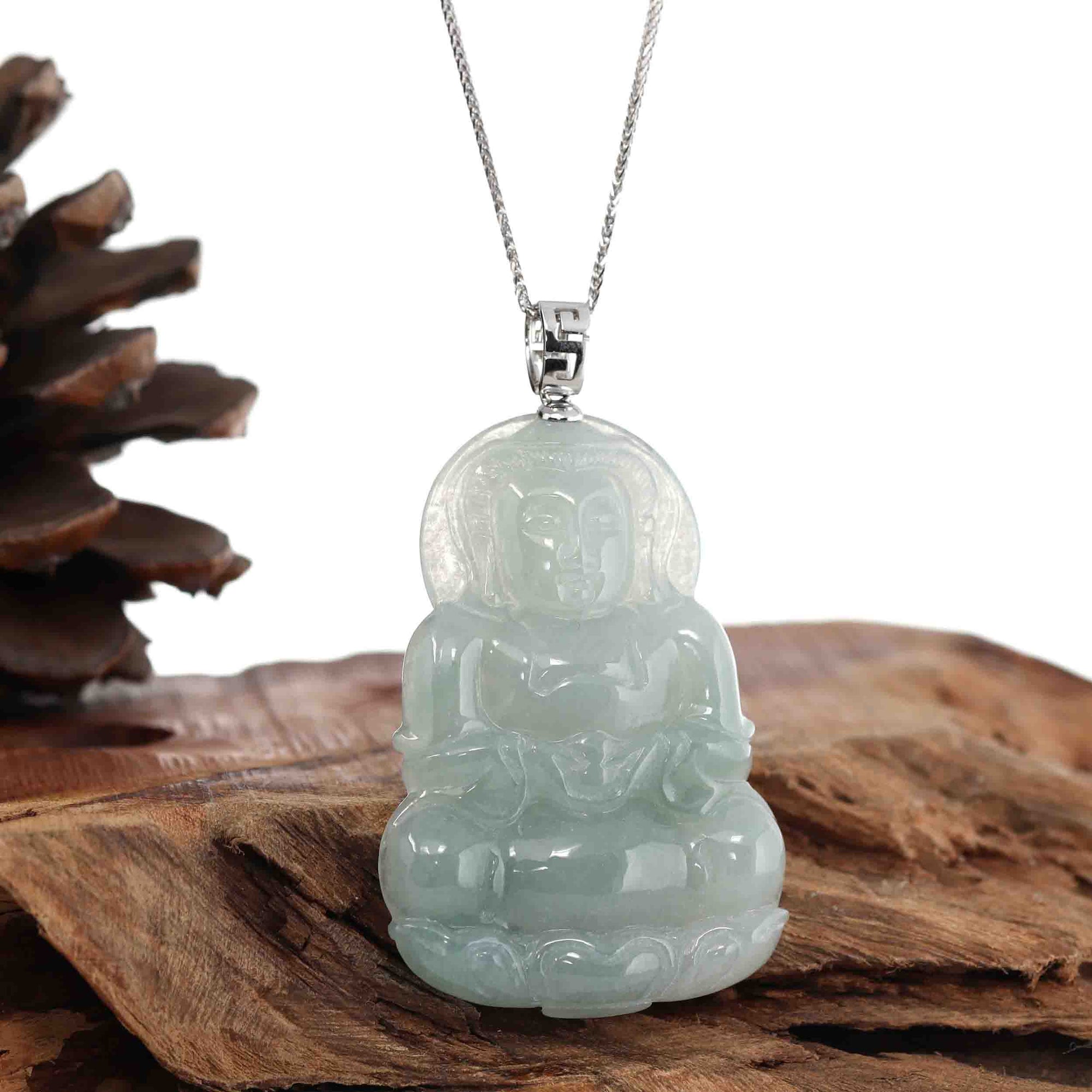 Baikalla Jewelry Jade Guanyin Pendant Necklace Baikalla &quot;Goddess of Compassion&quot; Genuine Burmese Jadeite Jade Guanyin Necklace With Good Luck Design 14K Gold  Bail