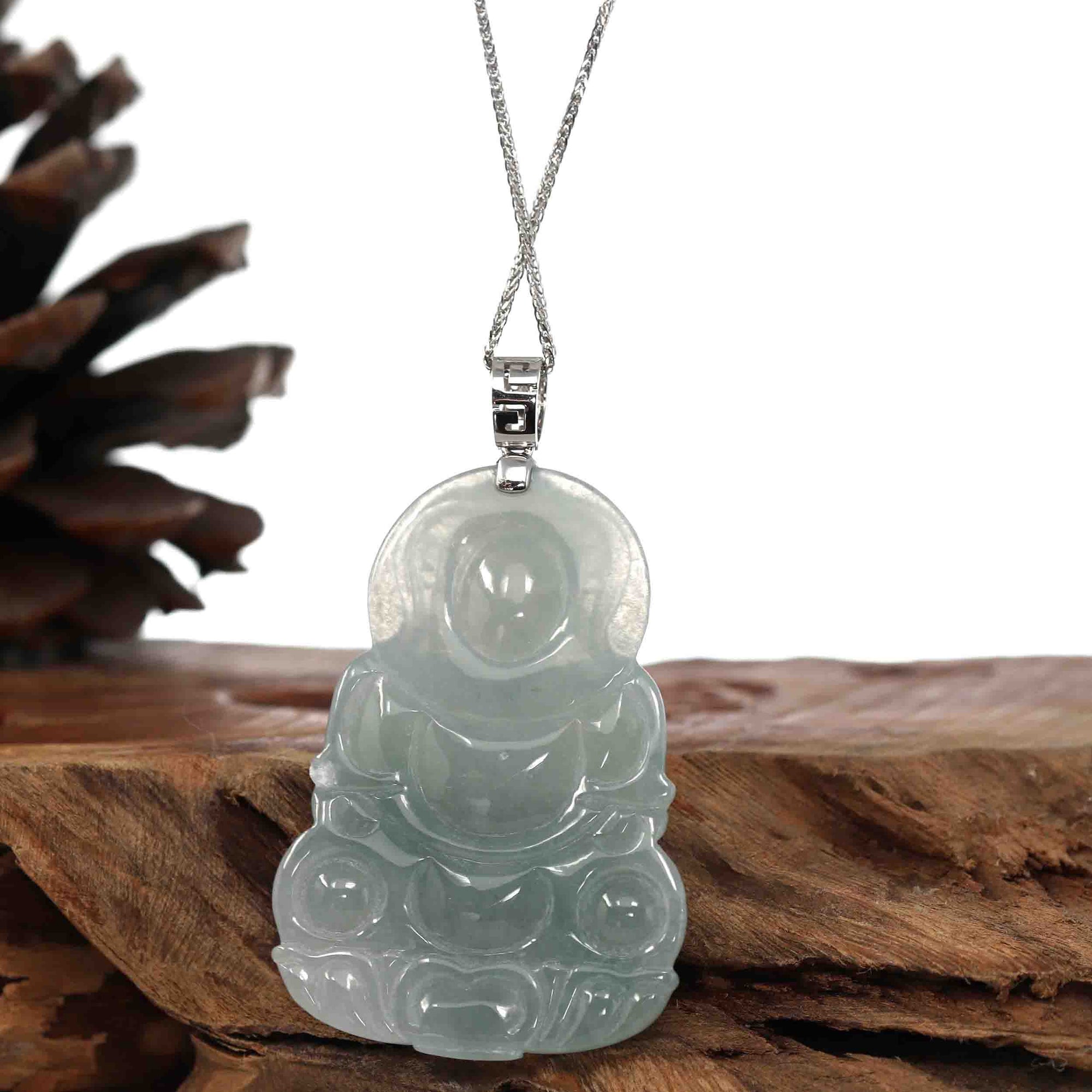 Baikalla Jewelry Jade Guanyin Pendant Necklace Baikalla &quot;Goddess of Compassion&quot; Genuine Burmese Jadeite Jade Guanyin Necklace With Good Luck Design 14K Gold  Bail