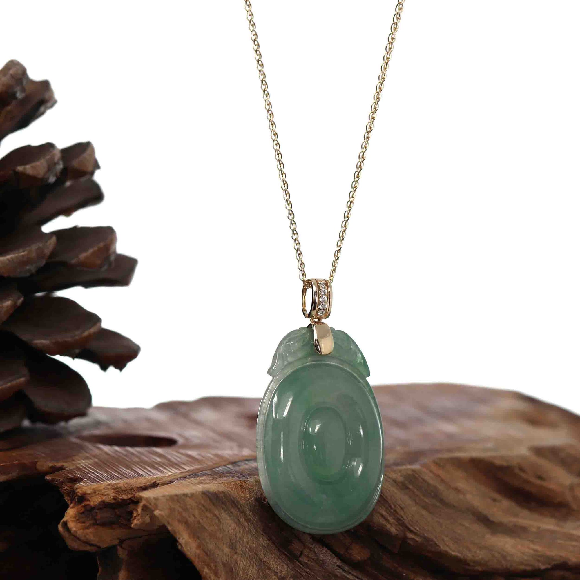 Baikalla Jewelry Jade Guanyin Pendant Necklace Genuine Green Jadeite Jade Dragon Necklace With VSI Diamond Gold Bail