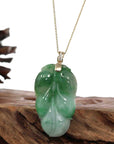 Baikalla Jewelry Jade Guanyin Pendant Necklace Genuine Green Jadeite Jade Leaf ( Jin Zhi Yu Ye ) Necklace With VSI Diamond Gold Bail