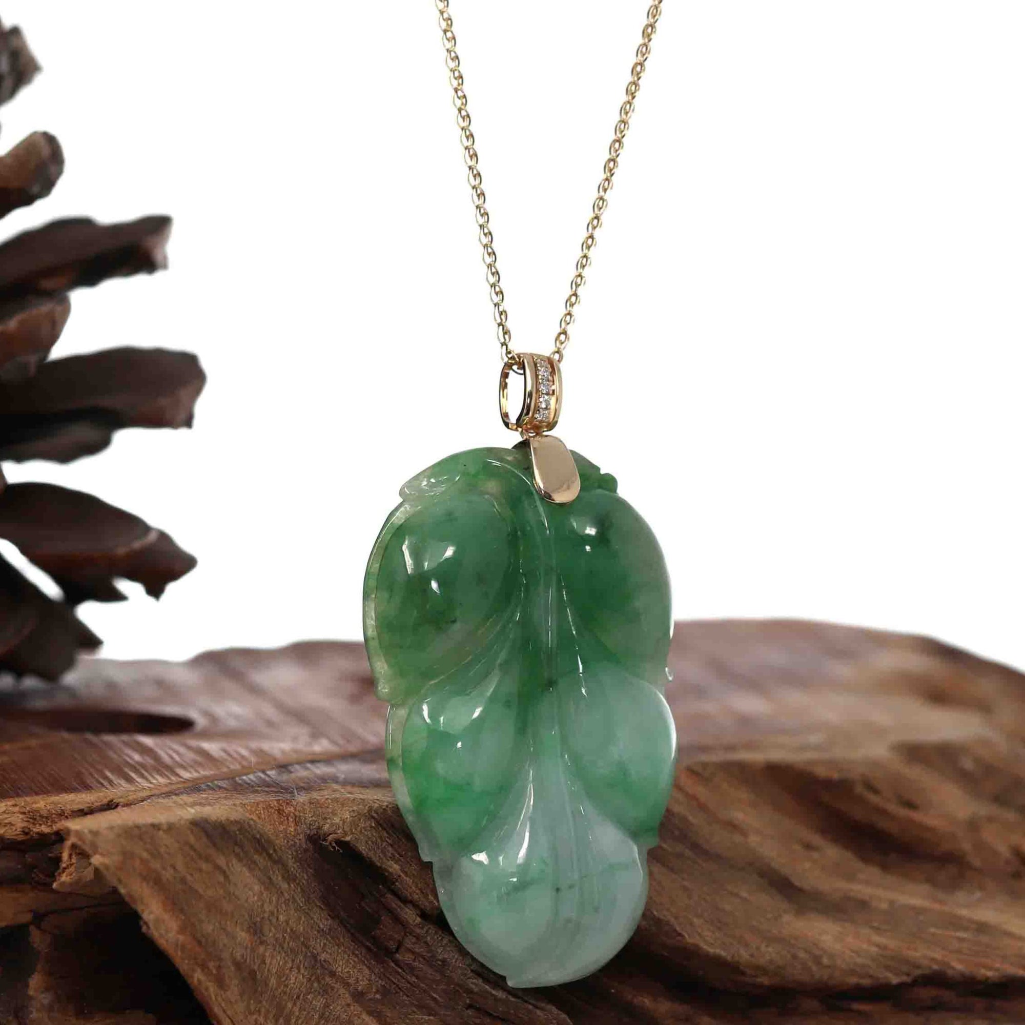 Baikalla Jewelry Jade Guanyin Pendant Necklace Genuine Green Jadeite Jade Leaf ( Jin Zhi Yu Ye ) Necklace With VSI Diamond Gold Bail