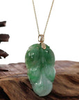 Baikalla Jewelry Jade Guanyin Pendant Necklace Genuine Green Jadeite Jade Leaf ( Jin Zhi Yu Ye ) Necklace With VSI Diamond Gold Bail