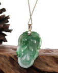 Baikalla Jewelry Jade Guanyin Pendant Necklace Genuine Green Jadeite Jade Leaf ( Jin Zhi Yu Ye ) Necklace With VSI Diamond Gold Bail