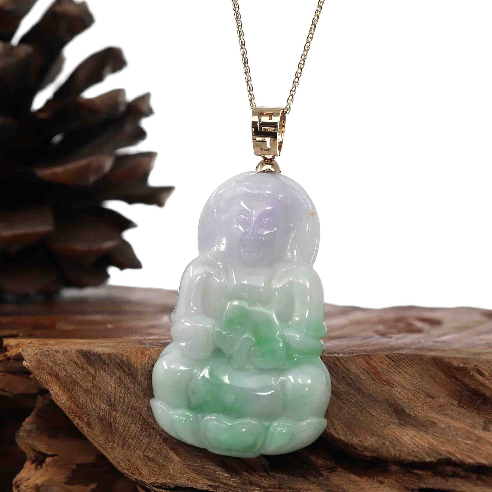 Baikalla Jewelry Jade Guanyin Pendant Necklace "Goddess of Compassion" 14k Yellow Gold Genuine Burmese Jadeite Jade Guanyin Necklace With Good Luck Design