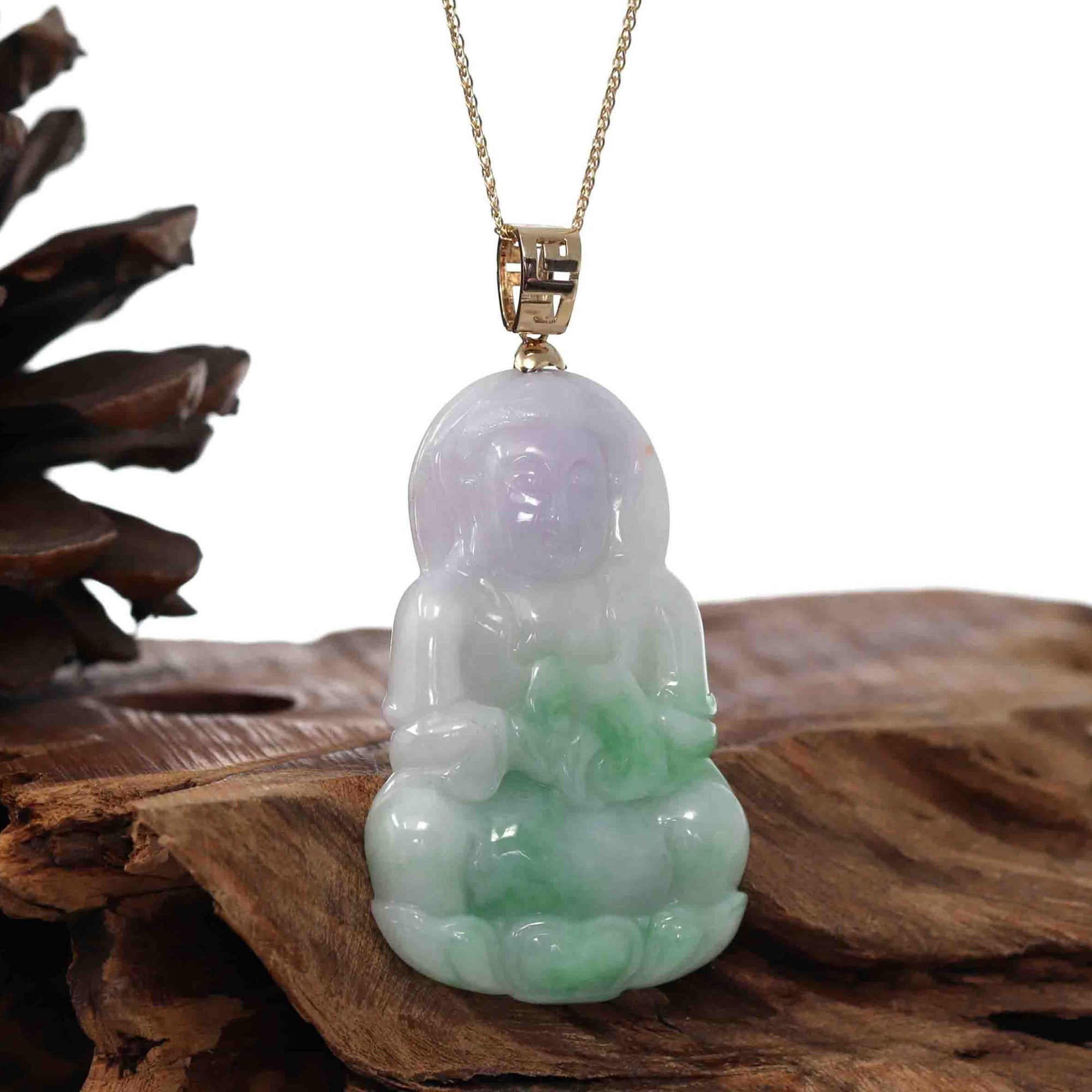 Baikalla Jewelry Jade Guanyin Pendant Necklace &quot;Goddess of Compassion&quot; 14k Yellow Gold Genuine Burmese Jadeite Jade Guanyin Necklace With Good Luck Design