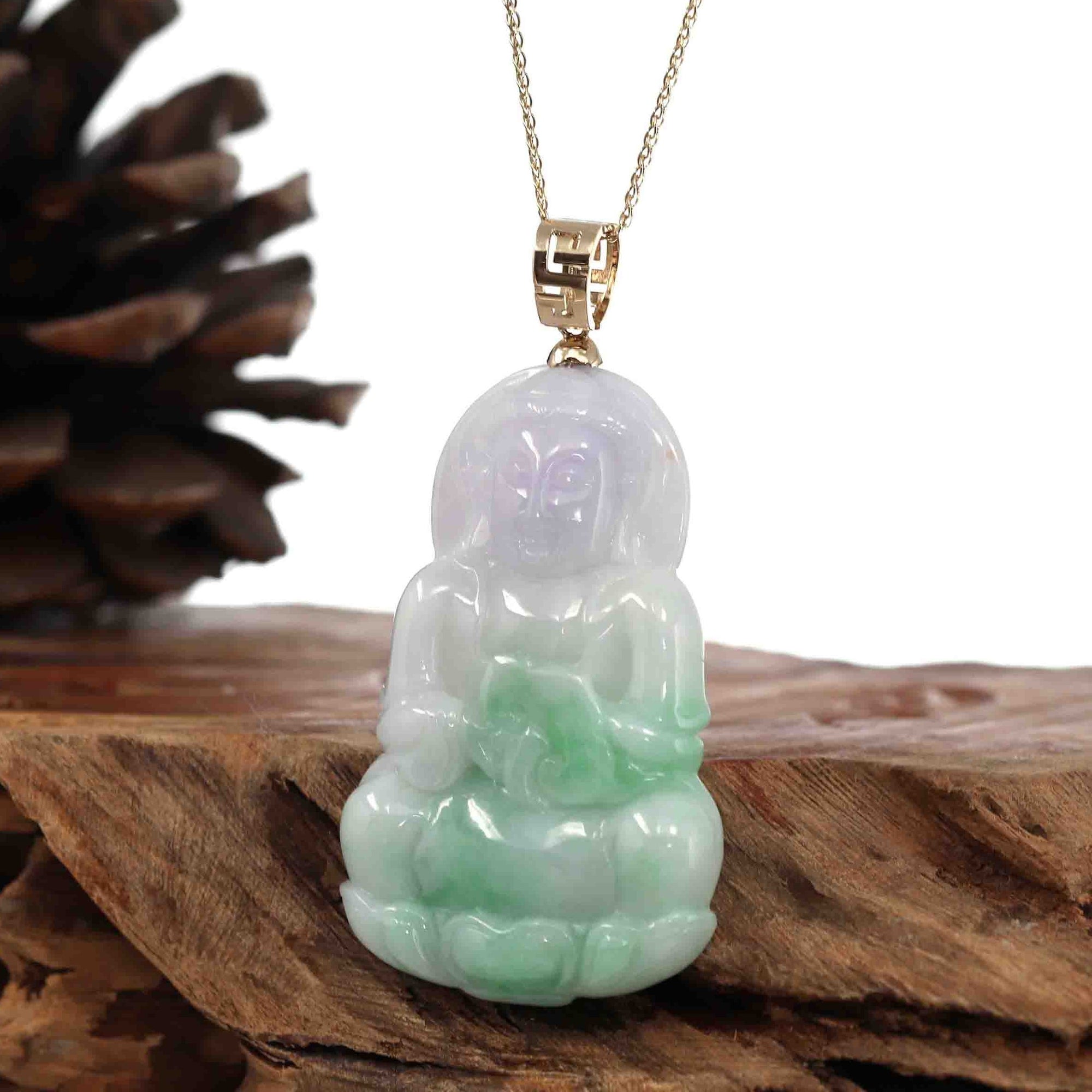 Baikalla Jewelry Jade Guanyin Pendant Necklace &quot;Goddess of Compassion&quot; 14k Yellow Gold Genuine Burmese Jadeite Jade Guanyin Necklace With Good Luck Design