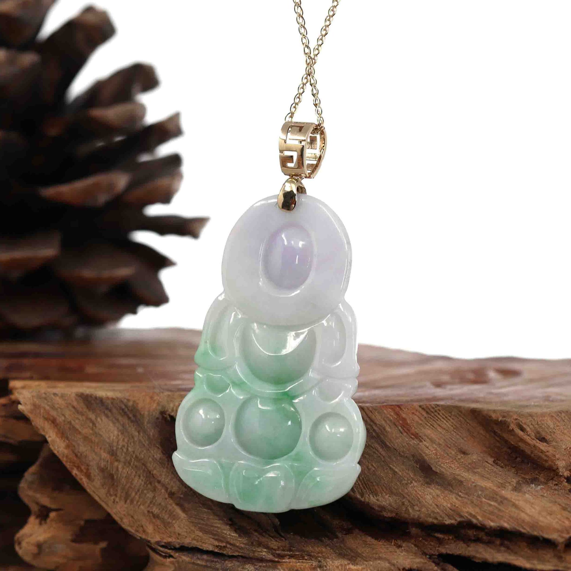 Baikalla Jewelry Jade Guanyin Pendant Necklace &quot;Goddess of Compassion&quot; 14k Yellow Gold Genuine Burmese Jadeite Jade Guanyin Necklace With Good Luck Design