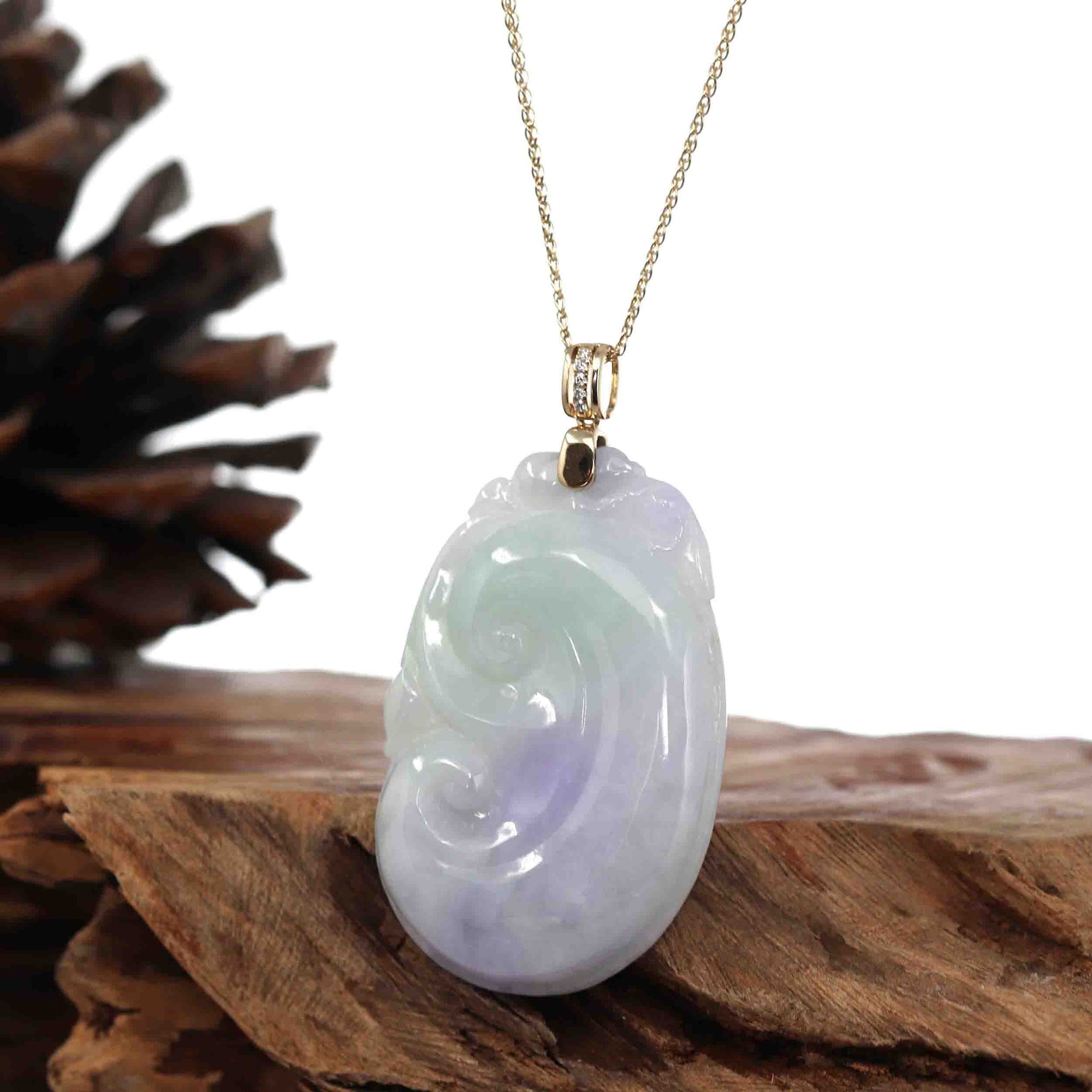 Baikalla Jewelry Jade Guanyin Pendant Necklace Genuine Lavender Jadeite Jade RuYi Pendant Necklace With 14K Yellow Gold Diamond Bail