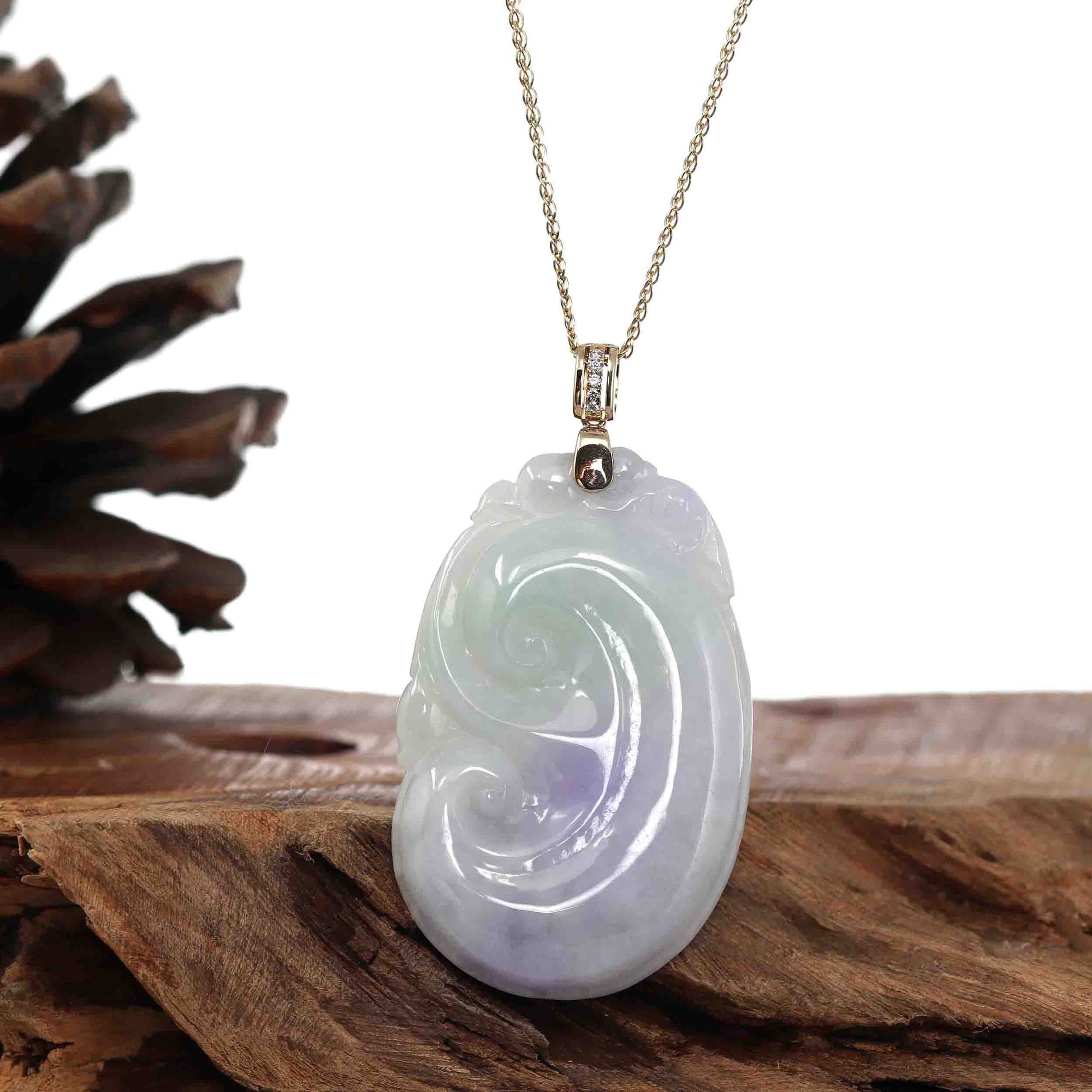 Baikalla Jewelry Jade Guanyin Pendant Necklace Genuine Lavender Jadeite Jade RuYi Pendant Necklace With 14K Yellow Gold Diamond Bail