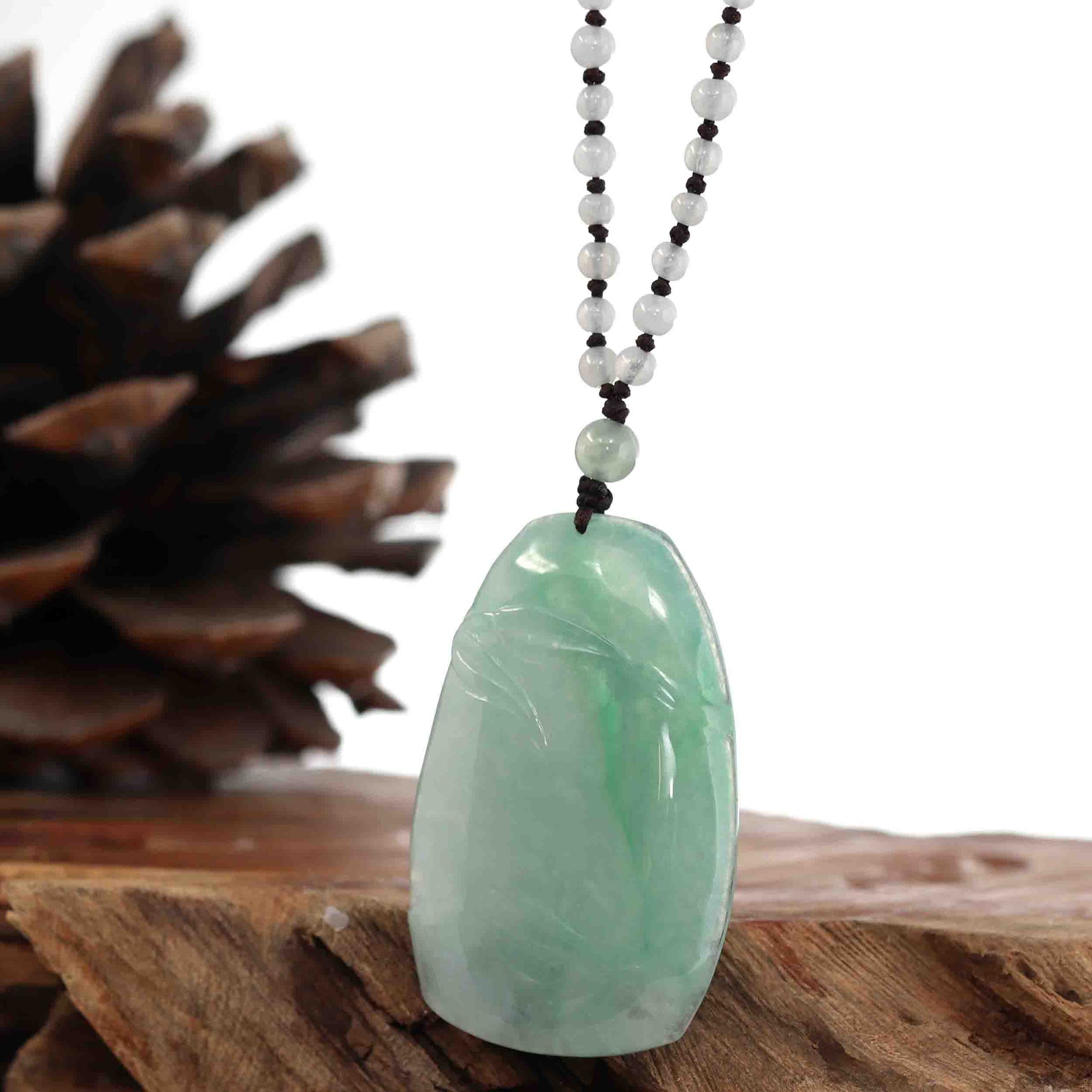 Baikalla Jewelry Jade Pendant Necklace Genuine Ice Green Jadeite Jade "Good Luck Bamboo" Pendant Necklace With Real Jadeite Bead Necklace