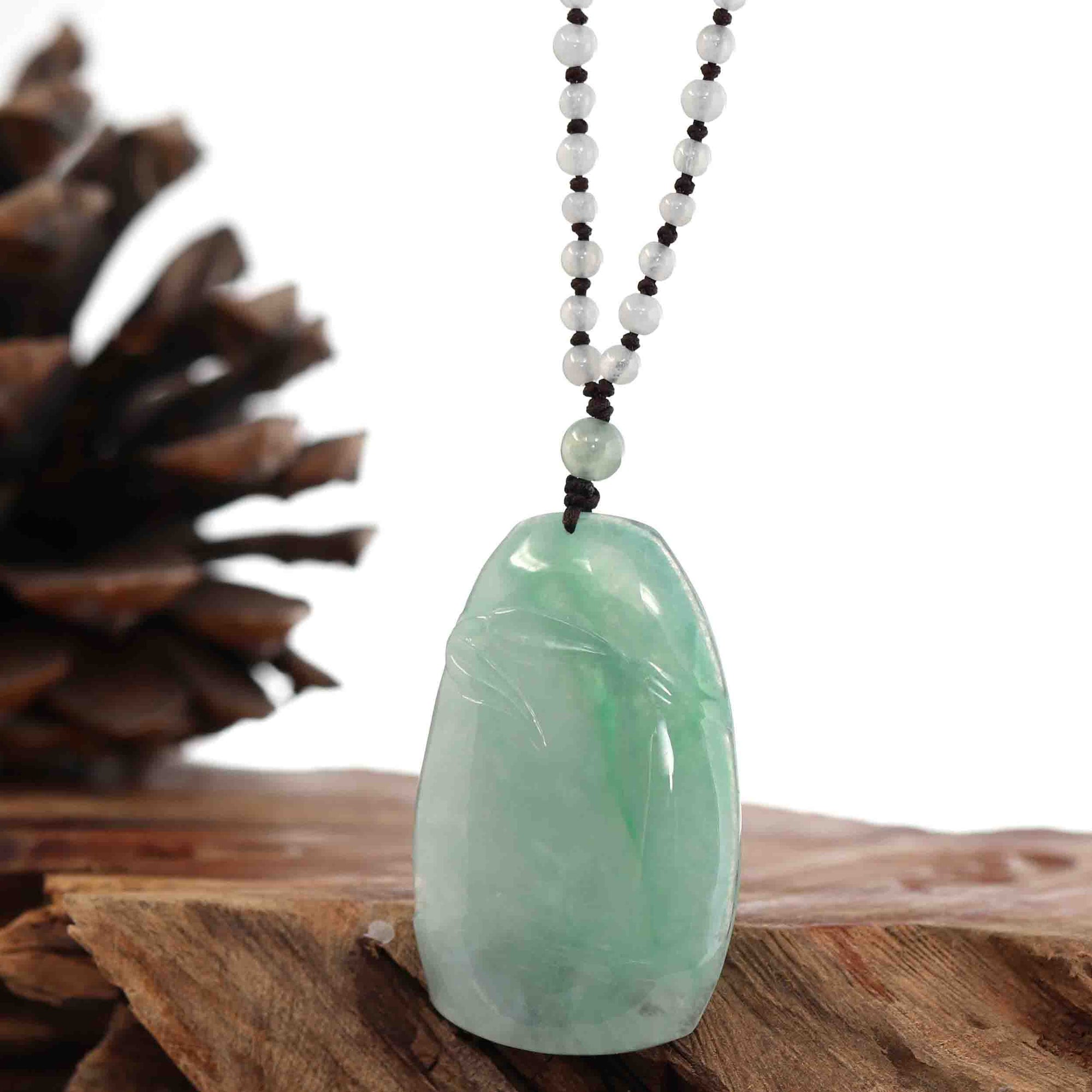 Baikalla Jewelry Jade Pendant Necklace Genuine Ice Green Jadeite Jade "Good Luck Bamboo" Pendant Necklace With Real Jadeite Bead Necklace