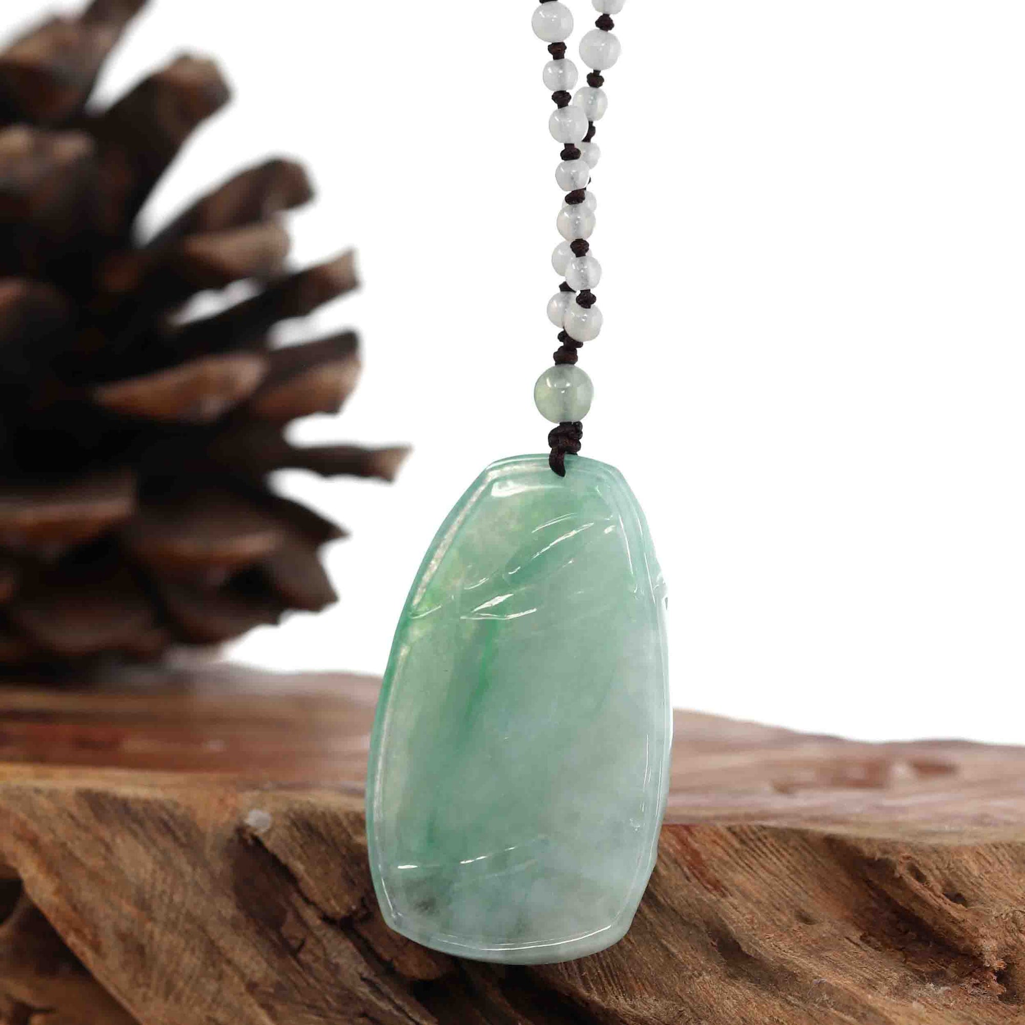 Baikalla Jewelry Jade Pendant Necklace Genuine Ice Green Jadeite Jade &quot;Good Luck Bamboo&quot; Pendant Necklace With Real Jadeite Bead Necklace