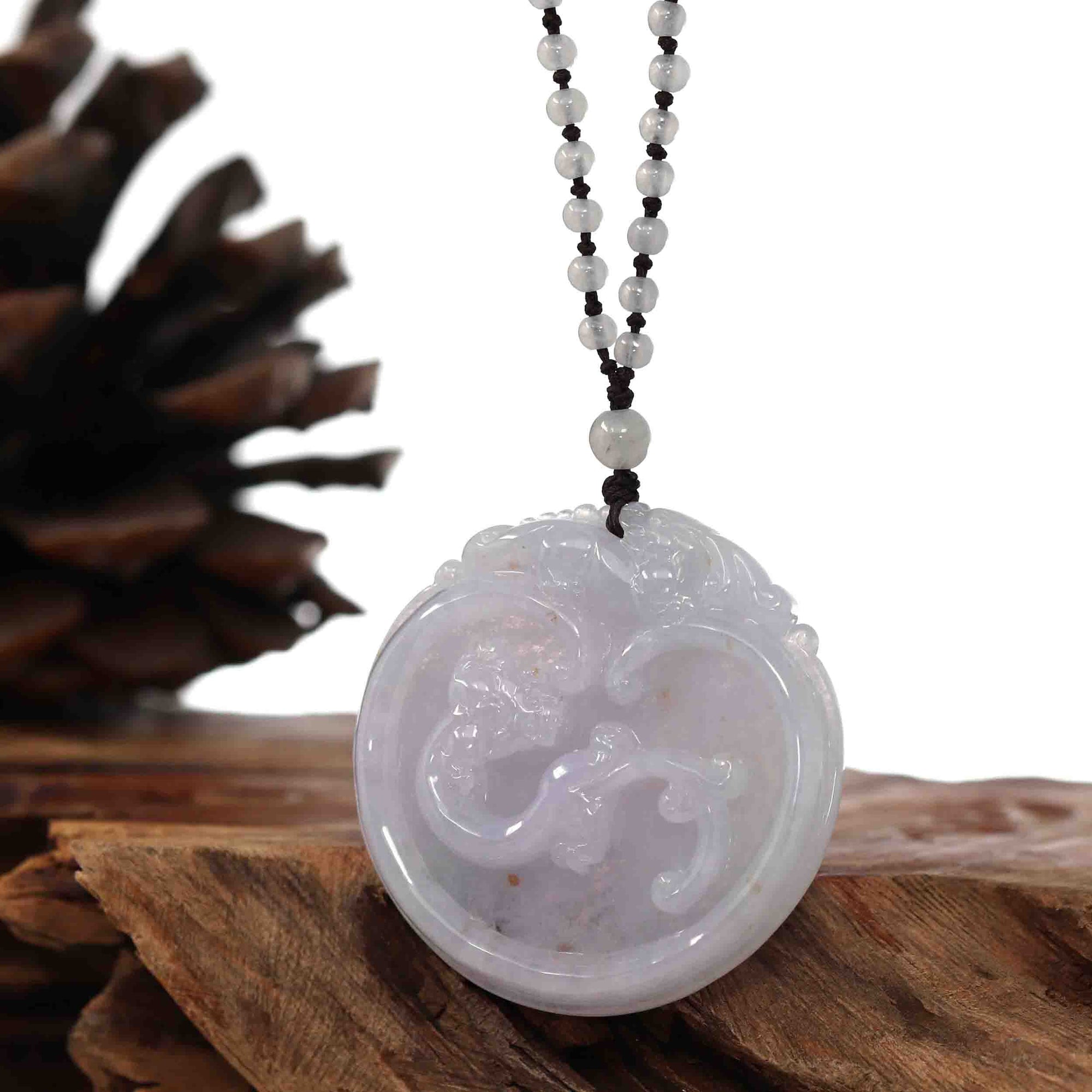 Baikalla Jewelry Jade Guanyin Pendant Necklace Genuine Lavender Jadeite Jade RuYi & Dragon Pendant Necklace With Real Jadeite Jade Beads Necklace