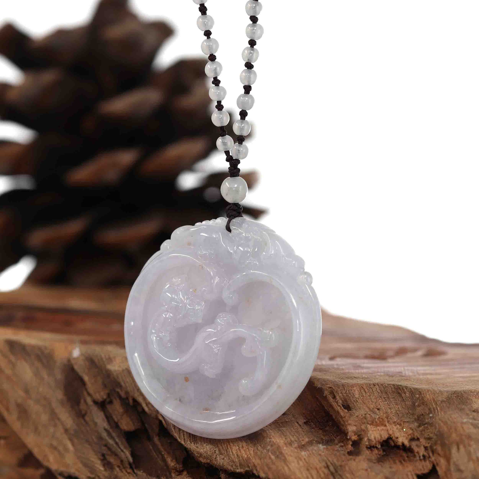 Baikalla Jewelry Jade Guanyin Pendant Necklace Genuine Lavender Jadeite Jade RuYi & Dragon Pendant Necklace With Real Jadeite Jade Beads Necklace