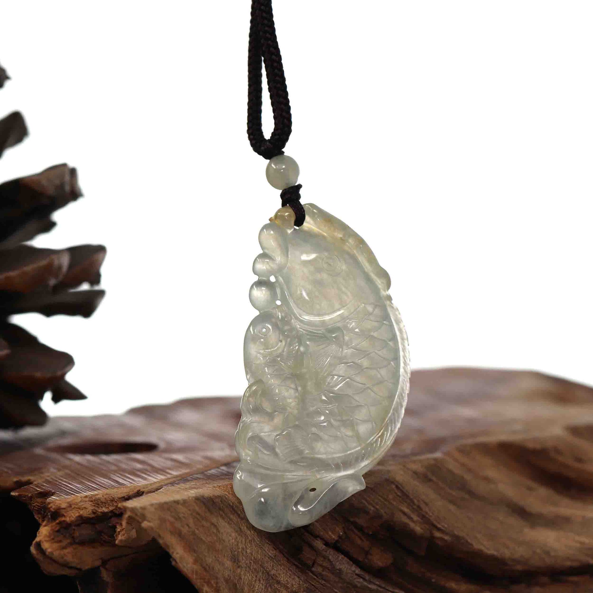 Baikalla Jewelry genuine jadeite carving Baikalla™ Genuine Burmese Ice Jadeite Jade Fish Pendant Necklace