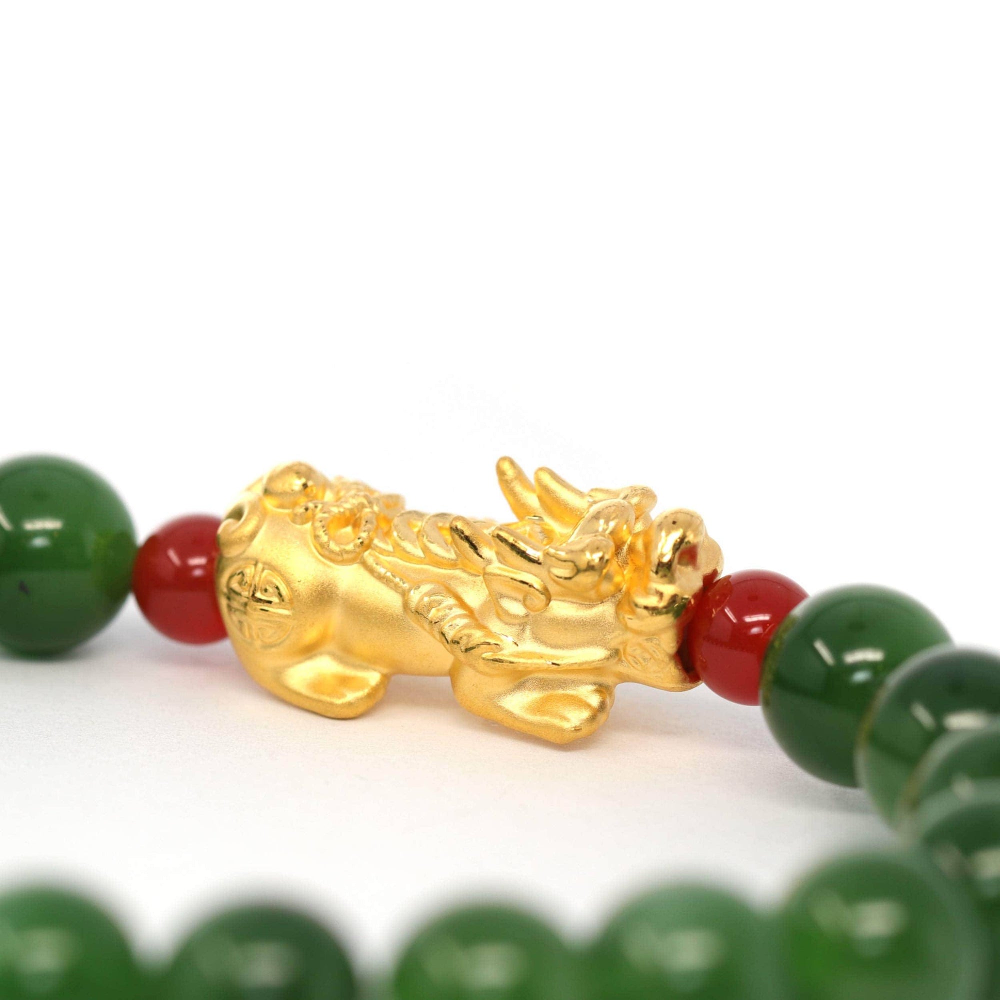 Baikalla Jewelry jade beads bracelet 24K Pure Yellow Gold PiXiu With Genuine Green Jade Round Beads Bracelet Bangle ( 9.5 mm )