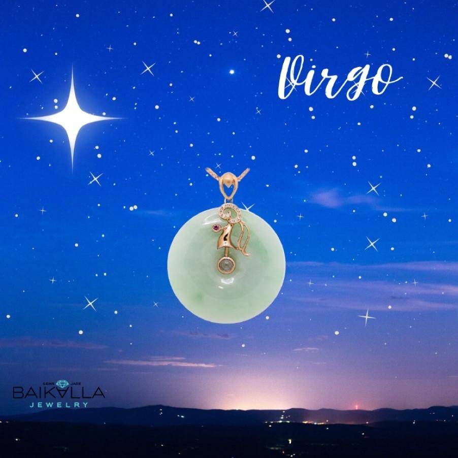 Baikalla Jewelry Gold Jadeite Necklace 18k Rose Gold Genuine Jadeite Constellation (Virgo) Necklace Pendant with Diamonds & Ruby