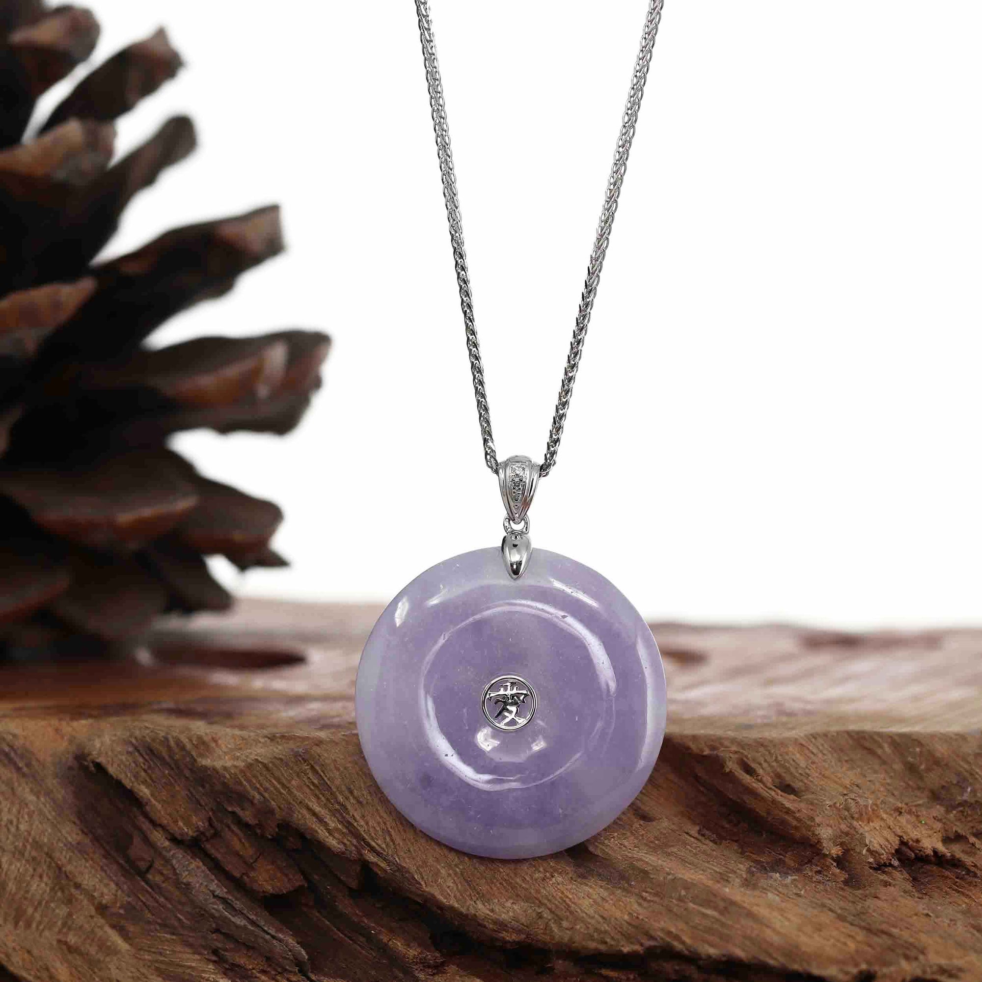 Baikalla Jewelry Gold Jadeite Jade Pendant Necklace &quot;Good Luck Button&quot; Lavender Jadeite Jade Lucky KouKou Pendant With 14K White Gold VS1 Diamond Bail