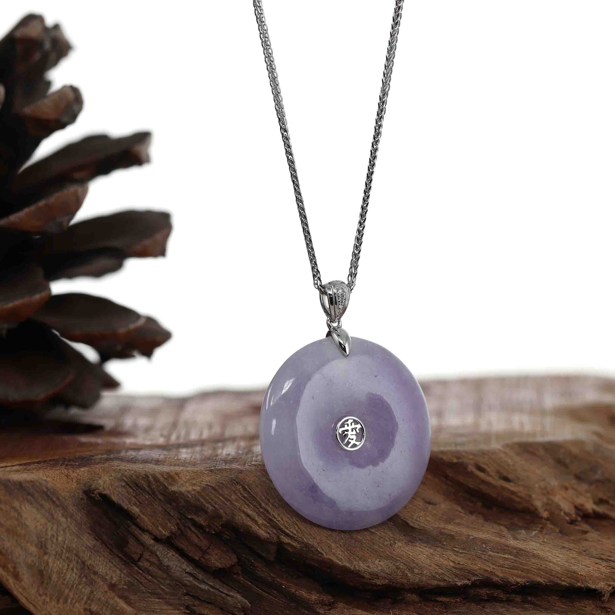 Baikalla Jewelry Gold Jadeite Jade Pendant Necklace &quot;Good Luck Button&quot; Lavender Jadeite Jade Lucky KouKou Pendant With 14K White Gold VS1 Diamond Bail