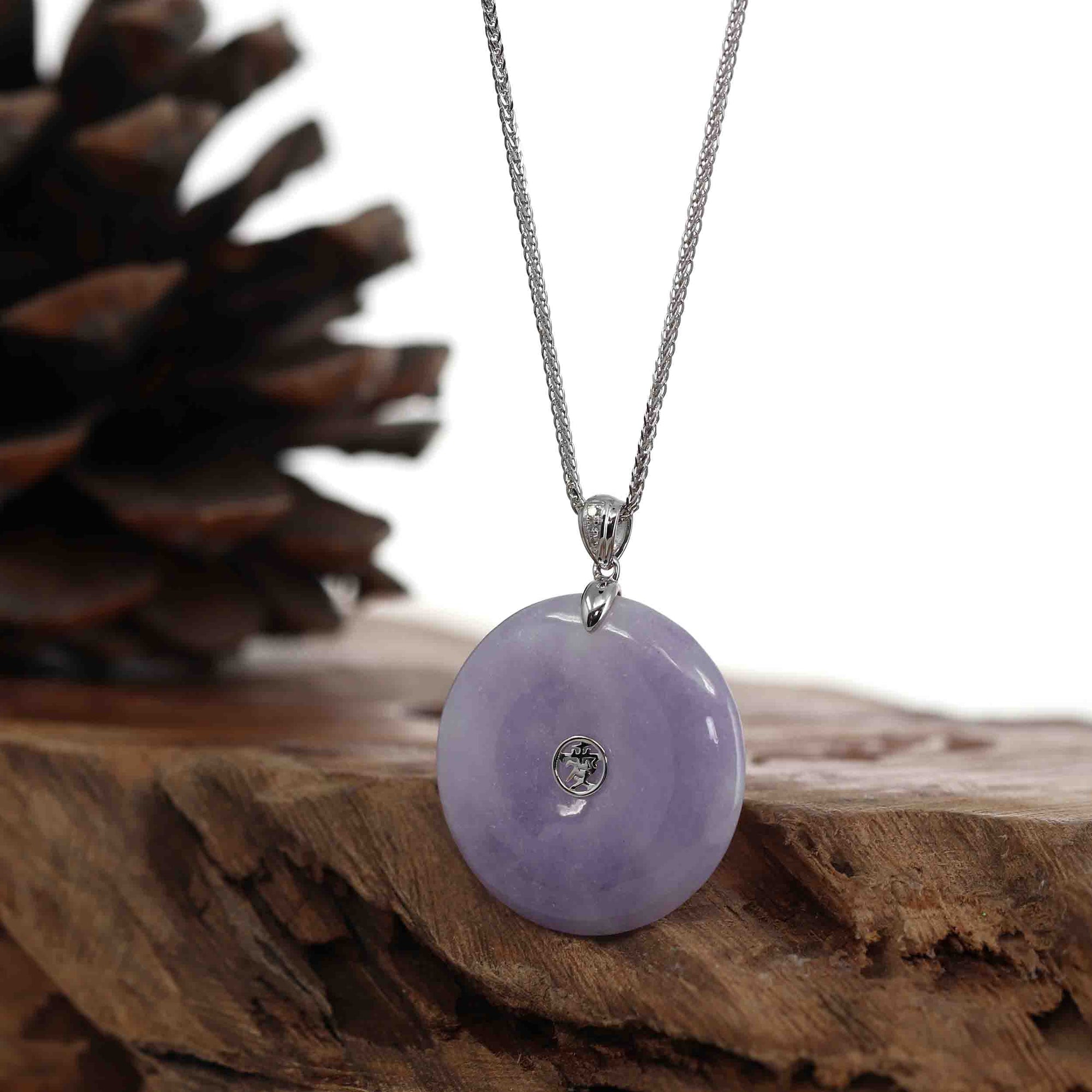 Baikalla Jewelry Gold Jadeite Jade Pendant Necklace "Good Luck Button" Lavender Jadeite Jade Lucky KouKou Pendant With 14K White Gold VS1 Diamond Bail