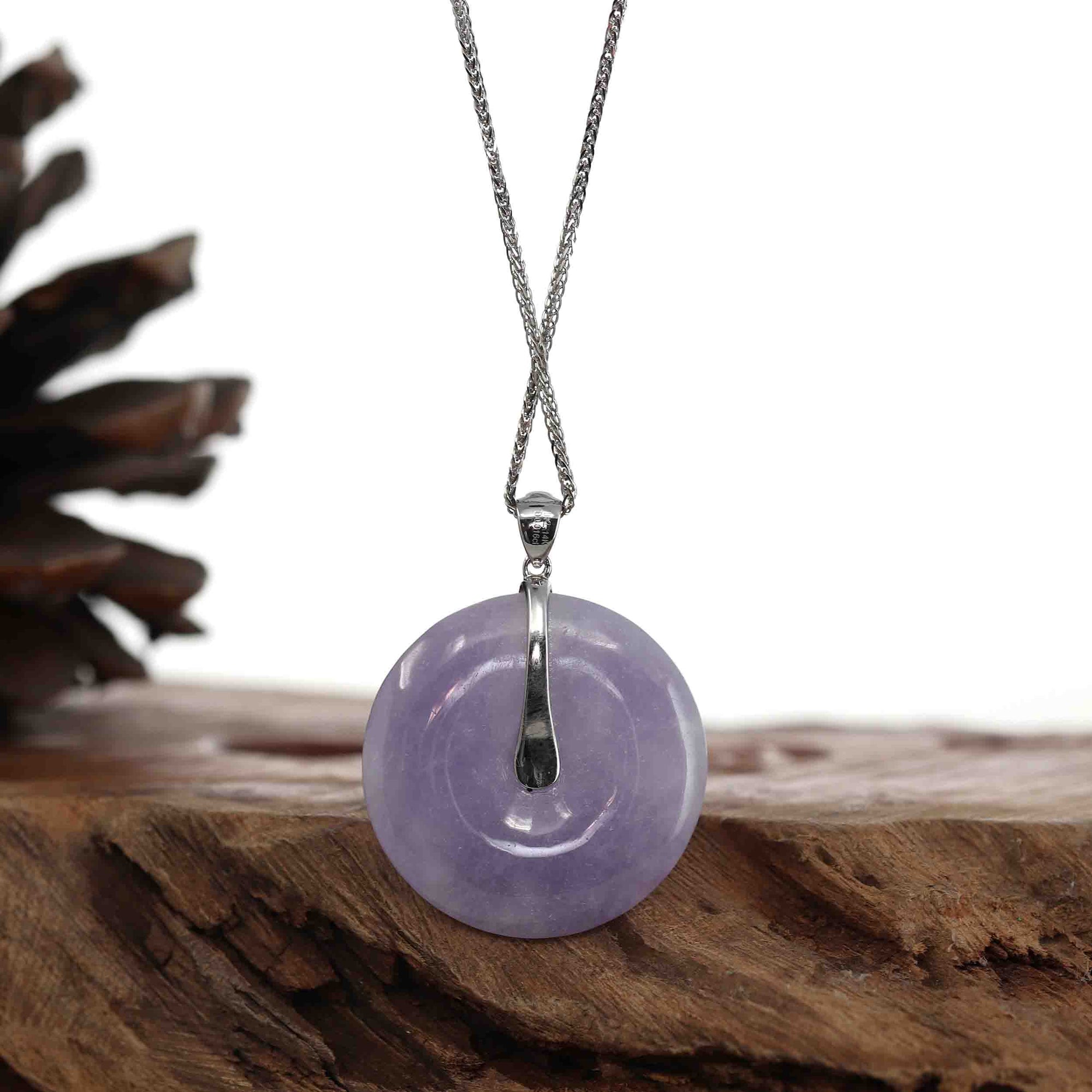 Baikalla Jewelry Gold Jadeite Jade Pendant Necklace "Good Luck Button" Lavender Jadeite Jade Lucky KouKou Pendant With 14K White Gold VS1 Diamond Bail