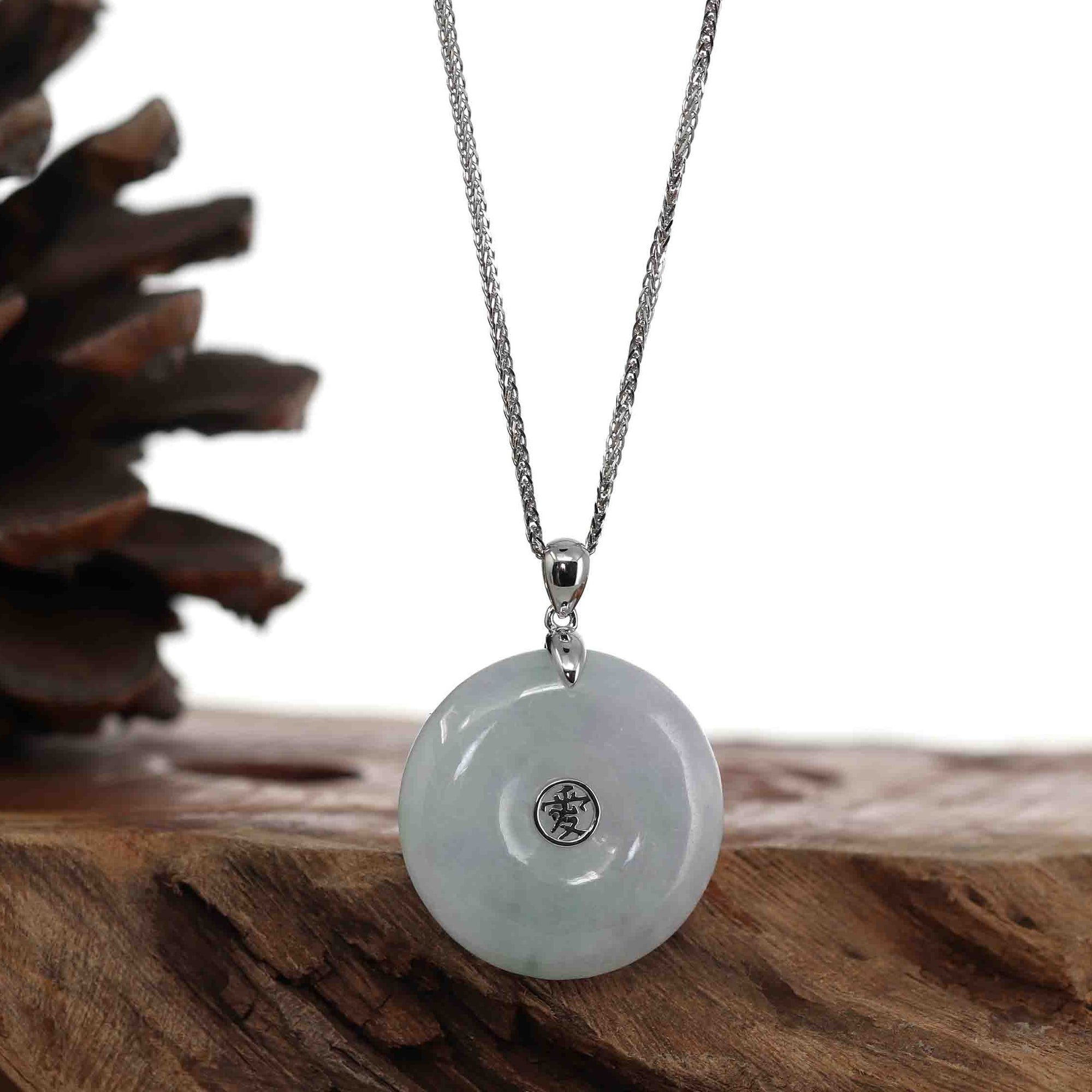 Baikalla Jewelry Jade Pendant Necklace 14k White Gold "Ping An Kou" Light Lavender Green Jadeite Jade Lucky KouKou Pendant Necklace