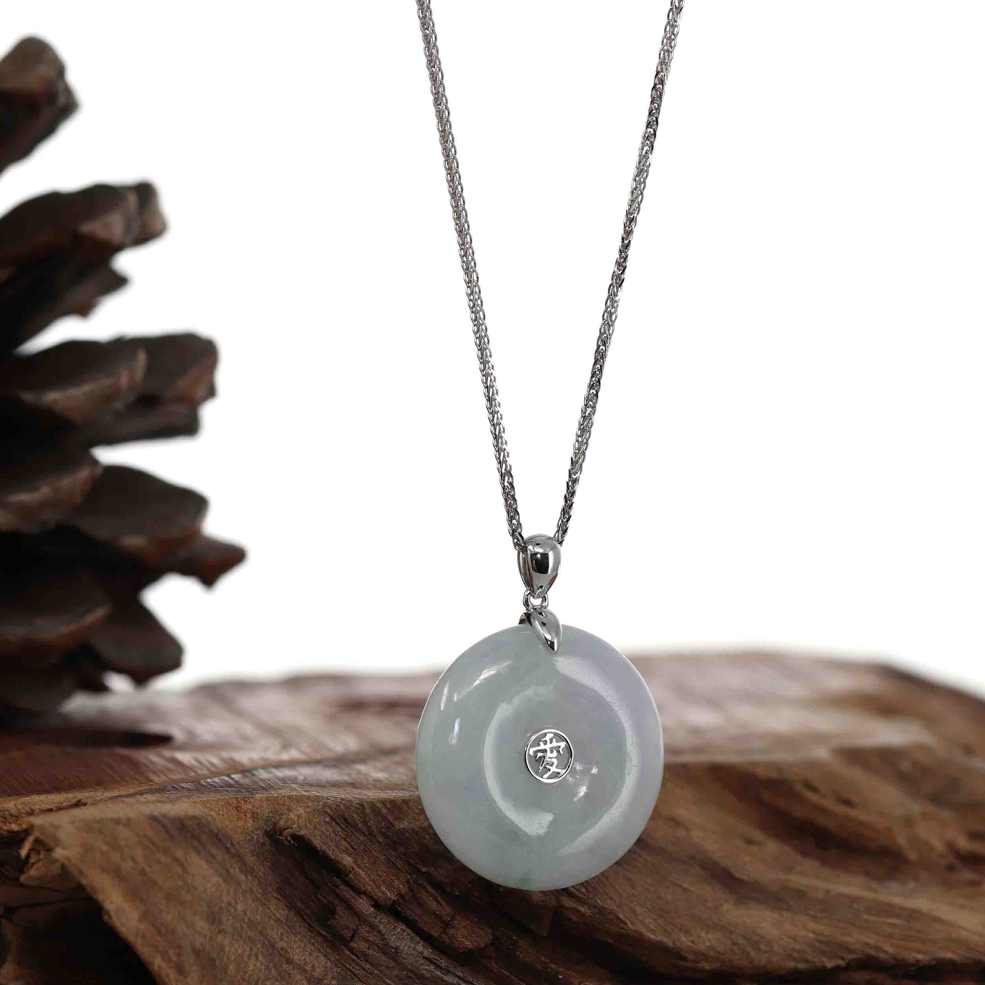 Baikalla Jewelry Jade Pendant Necklace 14k White Gold "Ping An Kou" Light Lavender Green Jadeite Jade Lucky KouKou Pendant Necklace